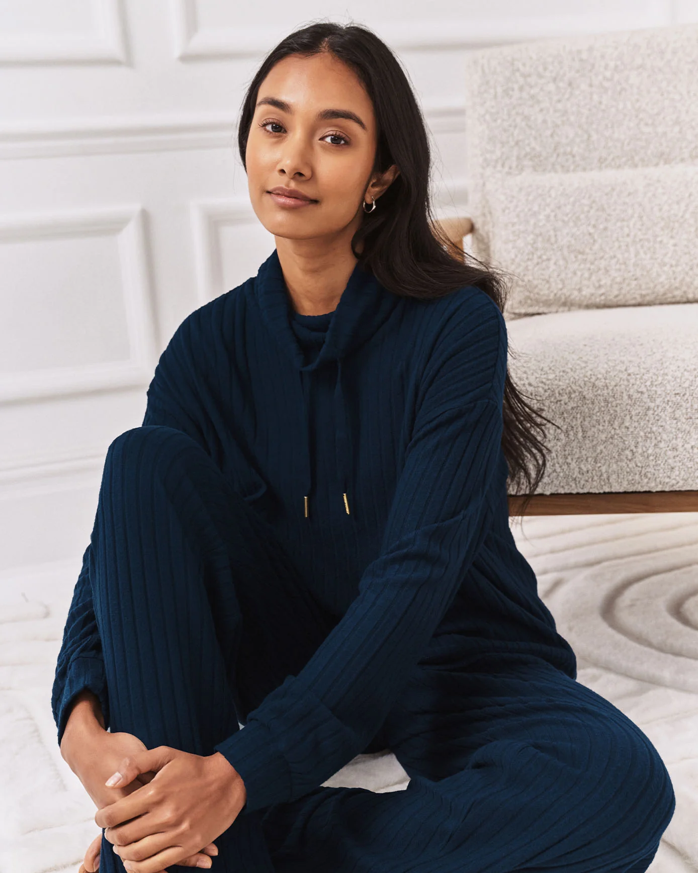 Ribbed Knit High Neck Sweatshirt - Navy - Image 2