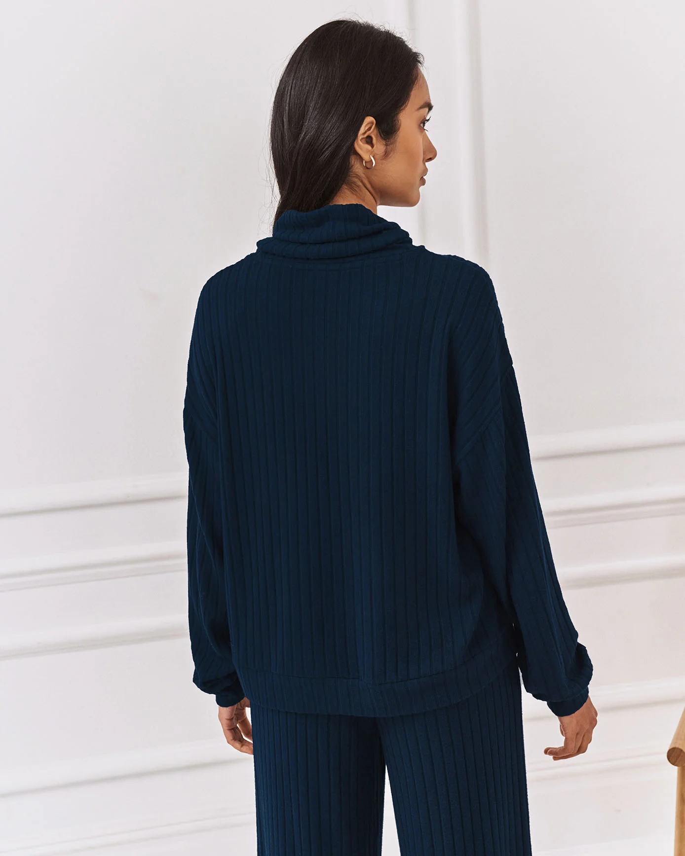 Ribbed Knit High Neck Sweatshirt - Navy - Image 5
