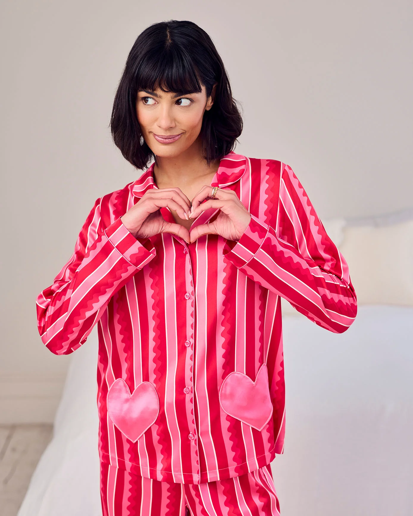 Satin Heart Pocket Striped Long Pyjama Set - Pink - Image 2