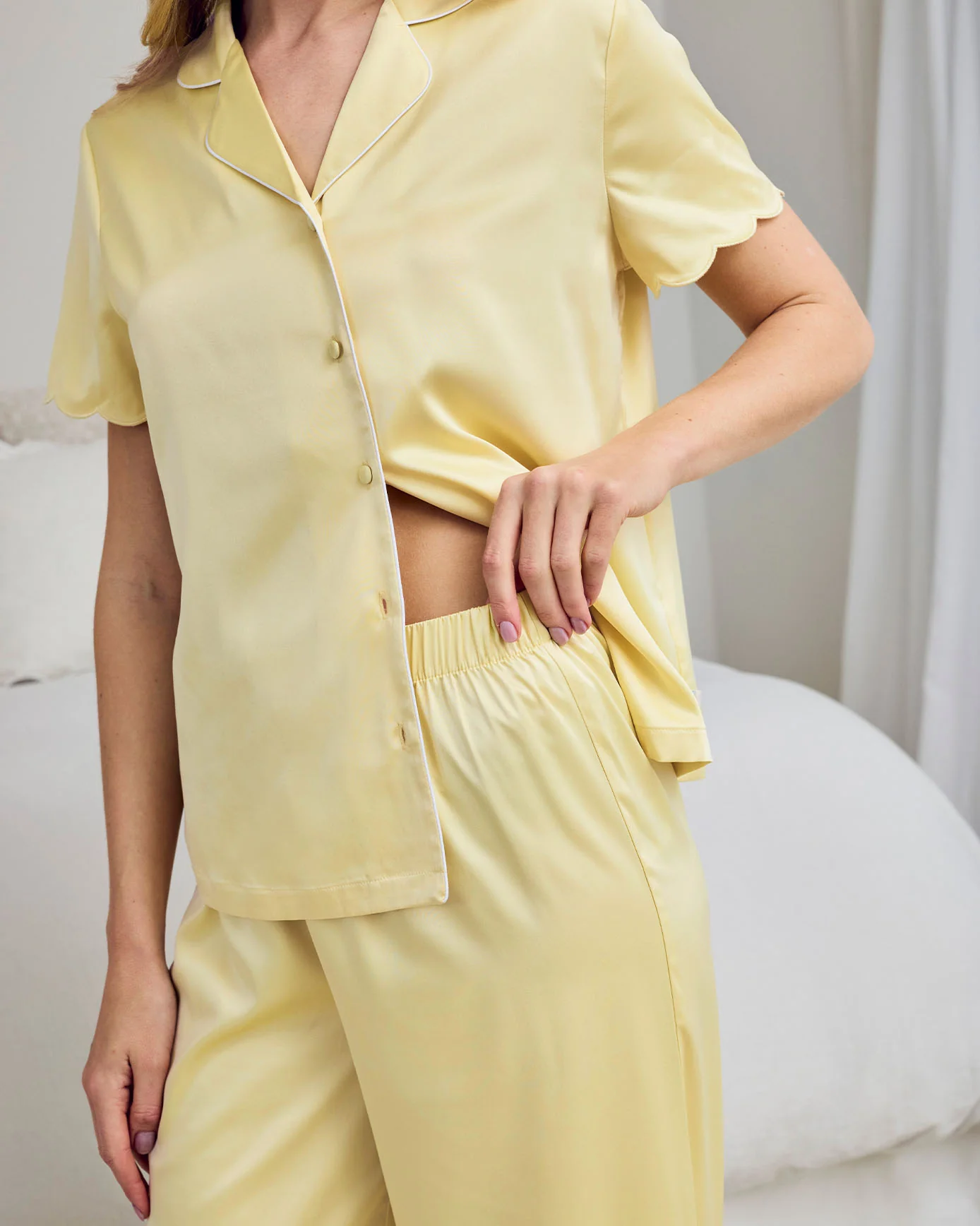 Satin Scallop Edge Long Pyjama Set - Butter Yellow - Image 3
