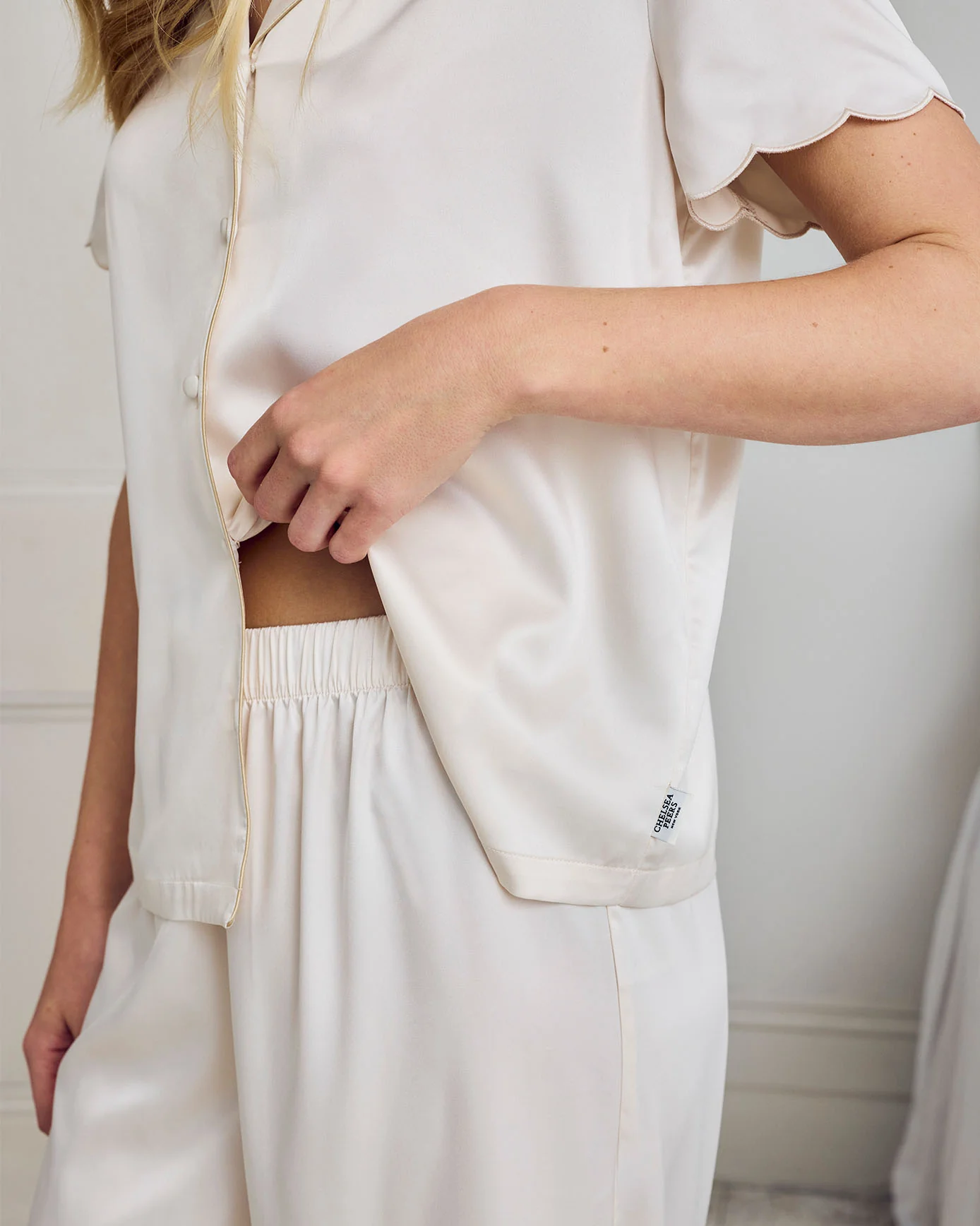 Satin Scallop Edge Long Pyjama Set - Ivory - Image 3