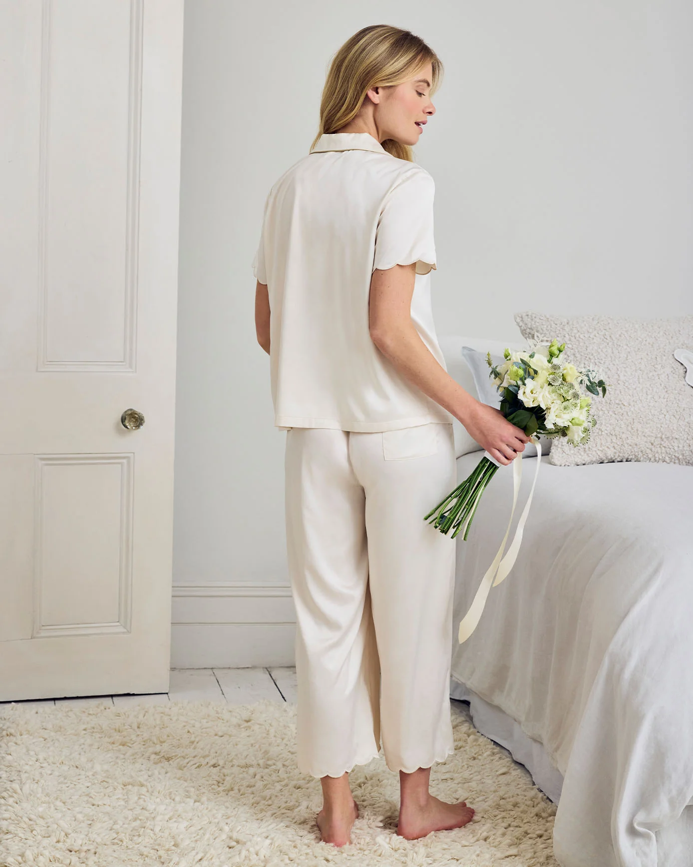 Satin Scallop Edge Long Pyjama Set - Ivory - Image 4
