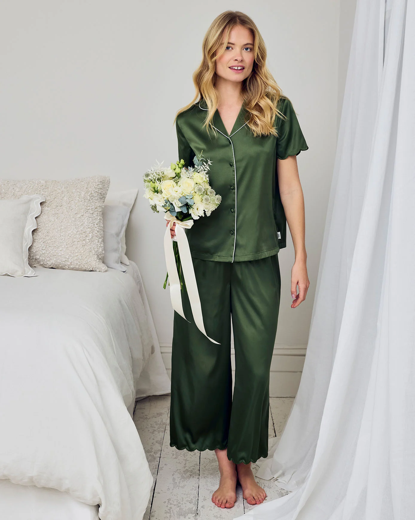 Satin Scallop Edge Long Pyjama Set - Forest Green