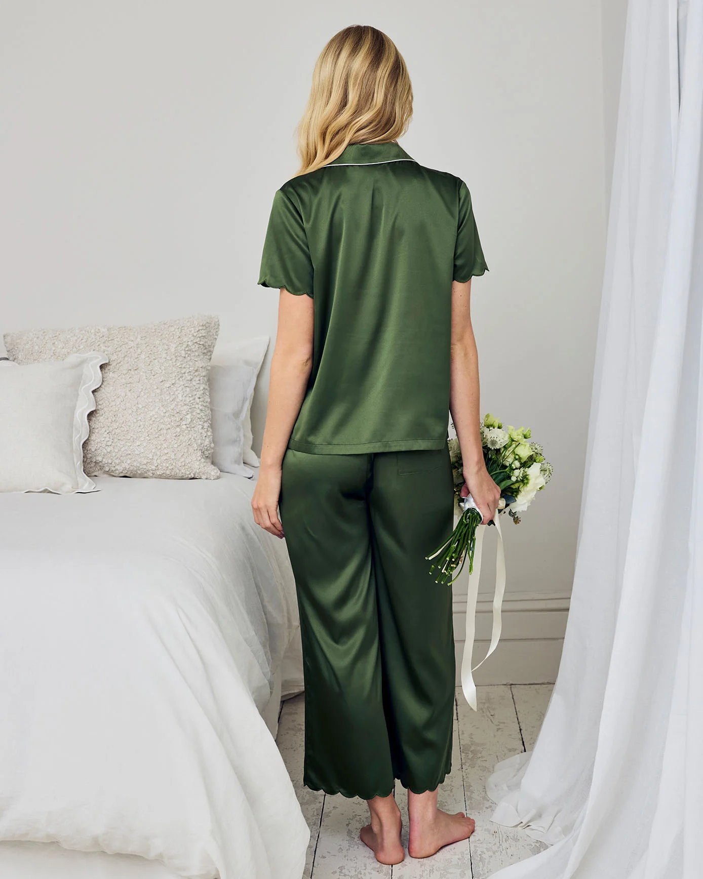 Satin Scallop Edge Long Pyjama Set - Forest Green - Image 4