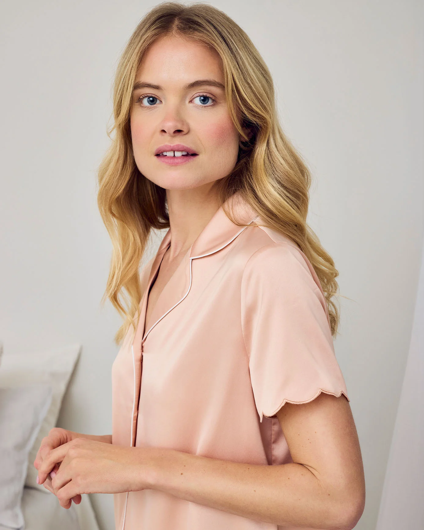 Satin Scallop Edge Long Pyjama Set - Peach - Image 5
