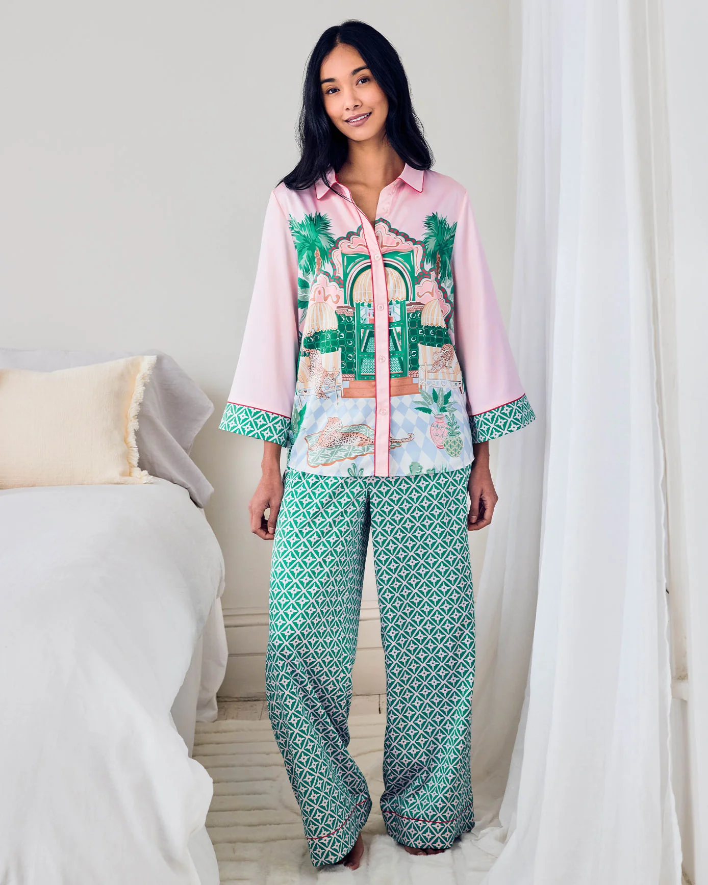 Satin The Clubhouse Print Long Pyjama Set - Image 2