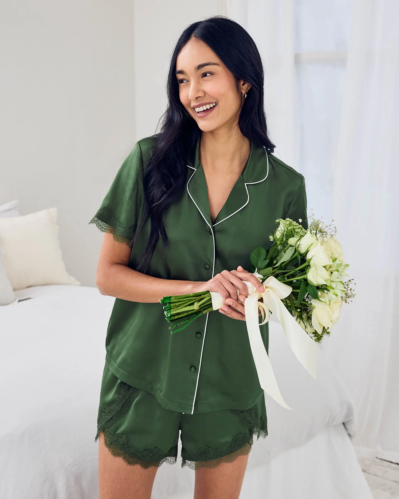 Satin Tulip Hem Lace Trim Button Up Short Pyjama Set - Forest Green