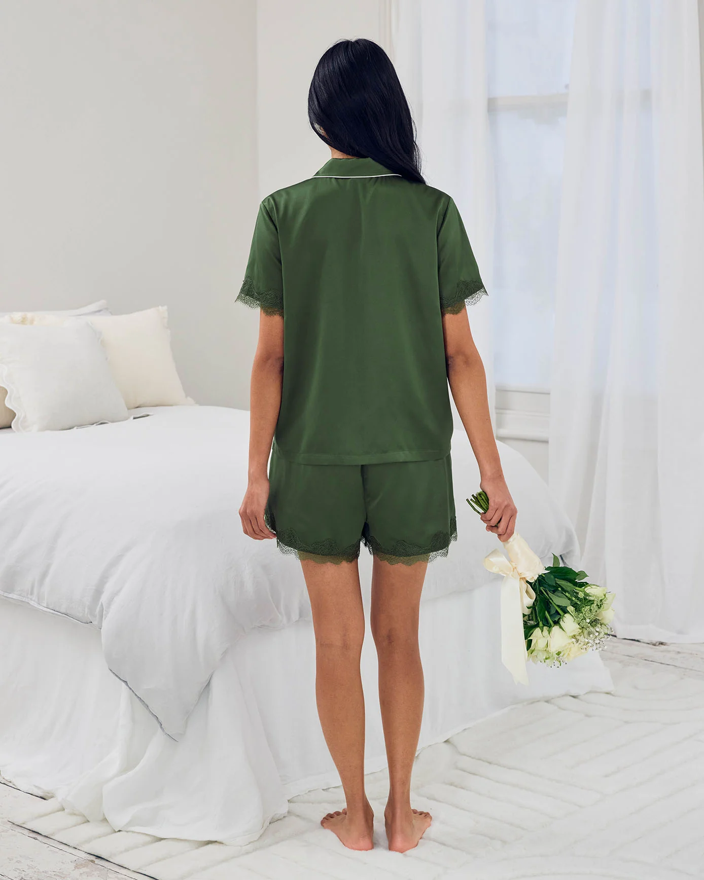 Satin Tulip Hem Lace Trim Button Up Short Pyjama Set - Forest Green - Image 4