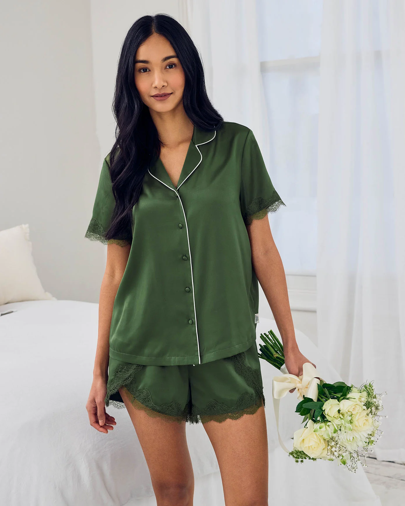 Satin Tulip Hem Lace Trim Button Up Short Pyjama Set - Forest Green - Image 5