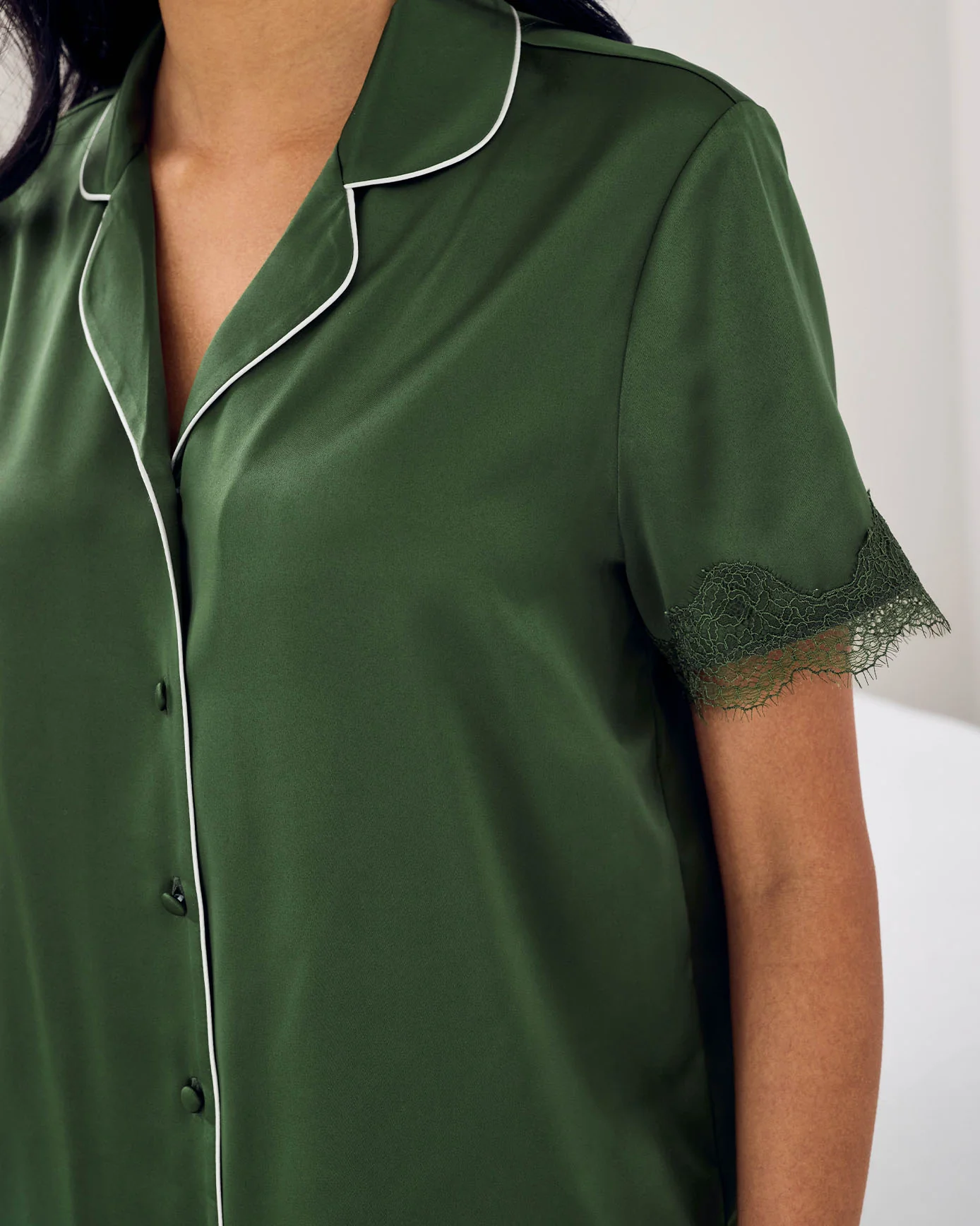 Satin Tulip Hem Lace Trim Button Up Short Pyjama Set - Forest Green - Image 6