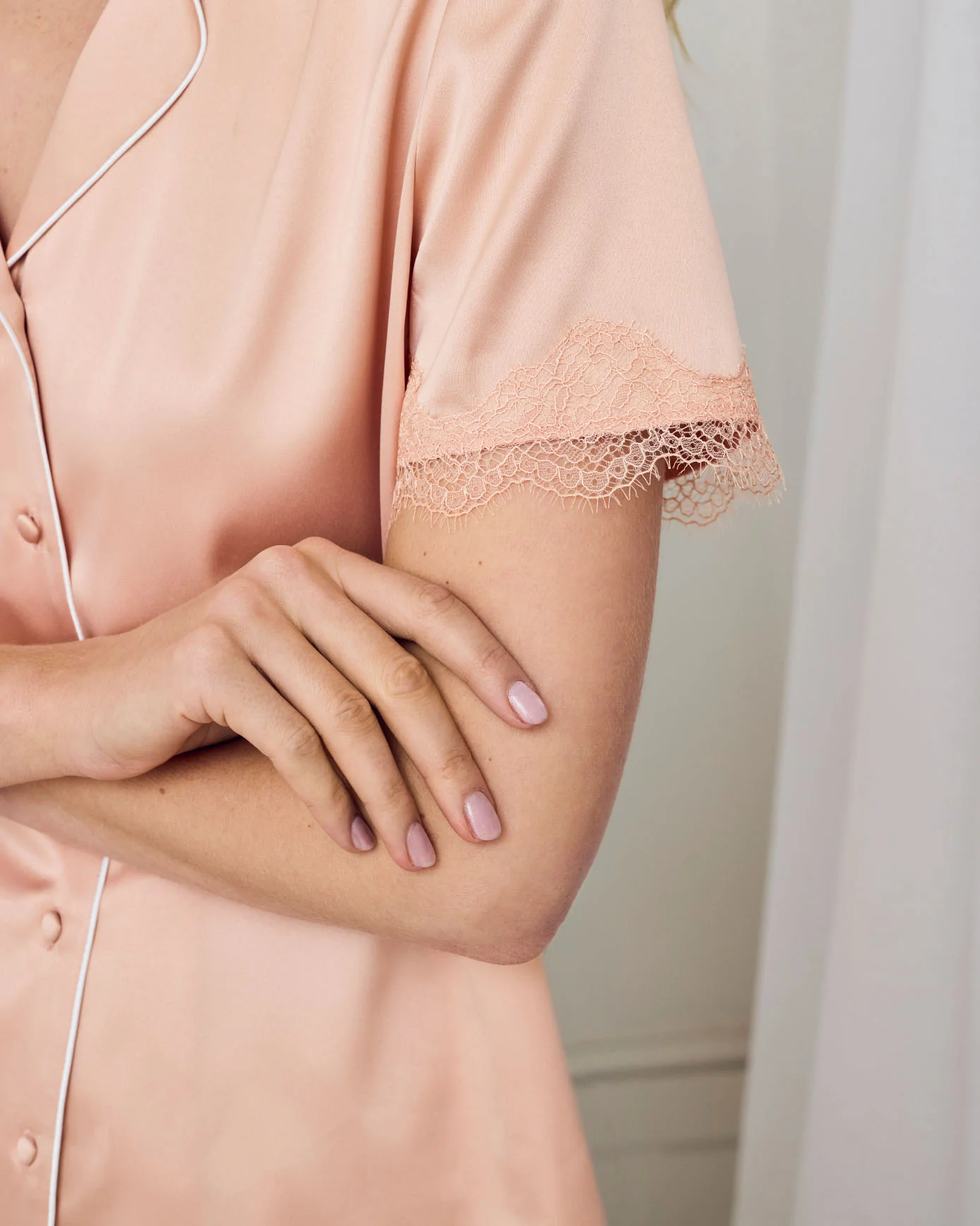 Satin Tulip Hem Lace Trim Button Up Short Pyjama Set - Peach - Image 5