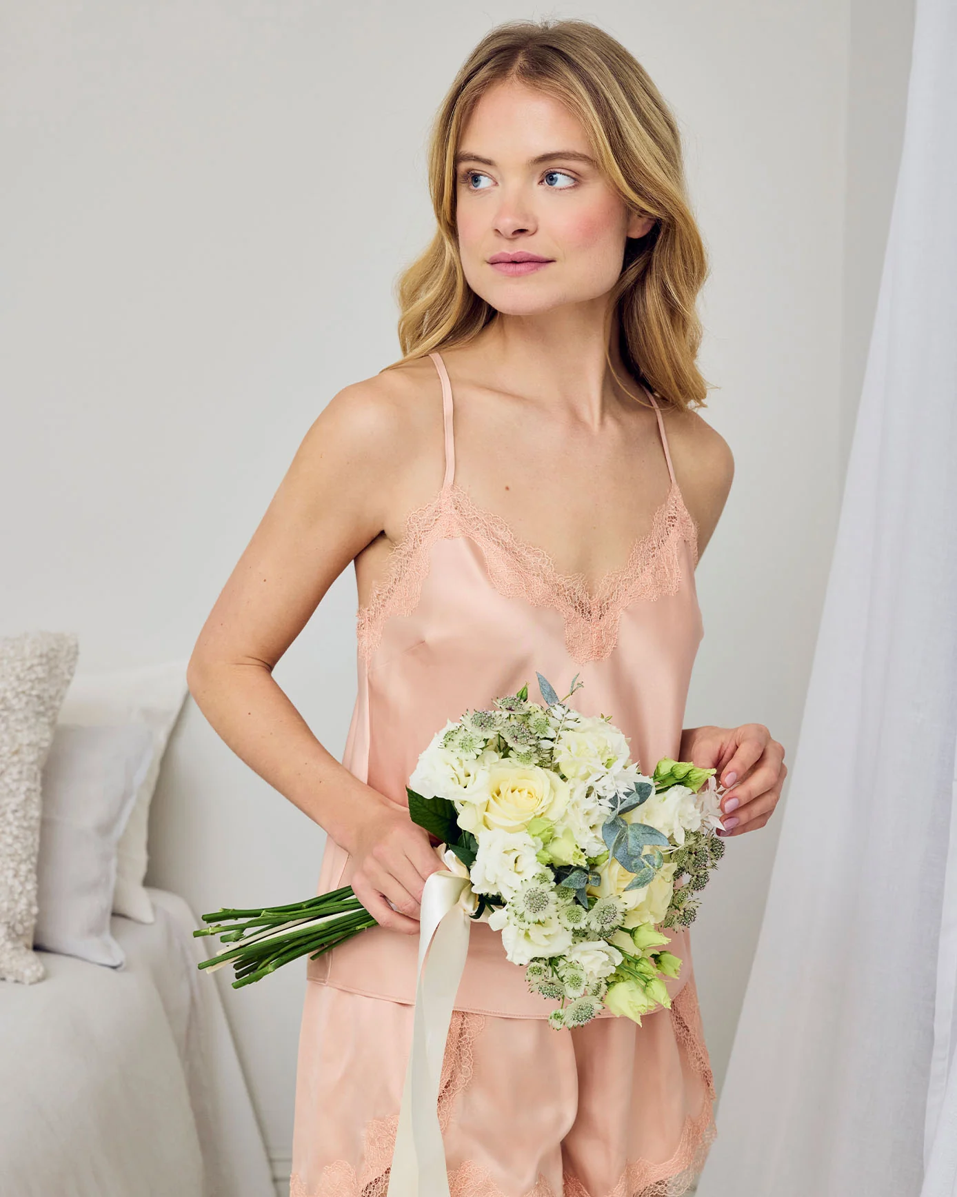 Satin Tulip Hem Lace Trim Cami Short Pyjama Set - Peach - Image 5