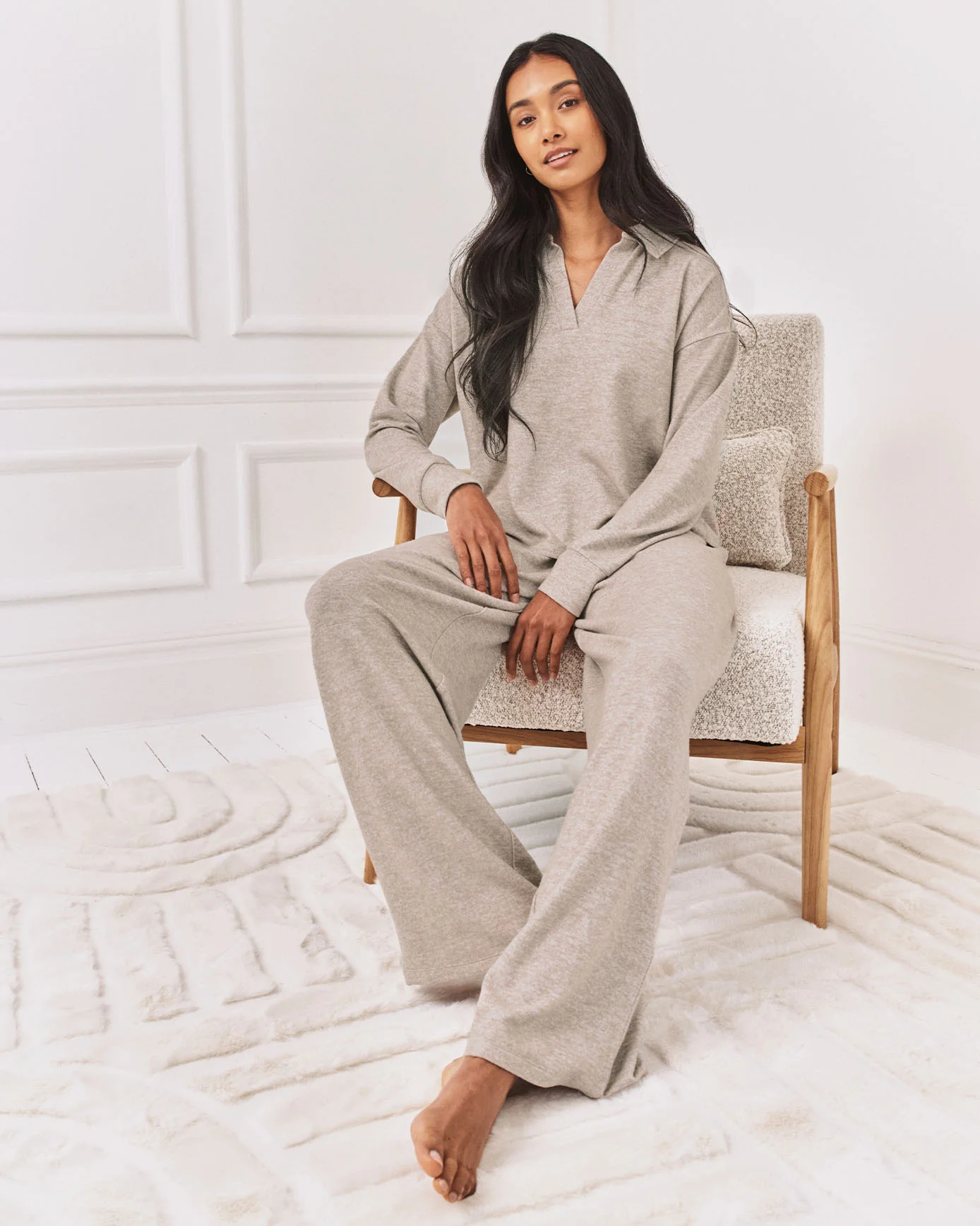 Slub-Knit Marl V-Neck Sweatshirt - Beige - Image 2