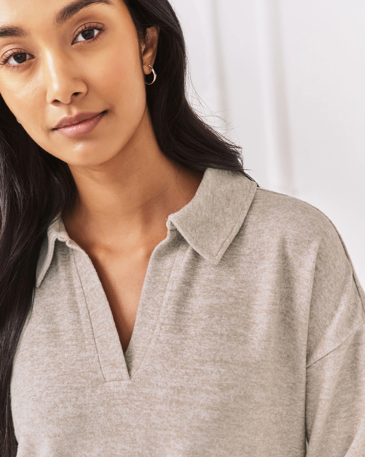 Slub-Knit Marl V-Neck Sweatshirt - Beige - Image 3