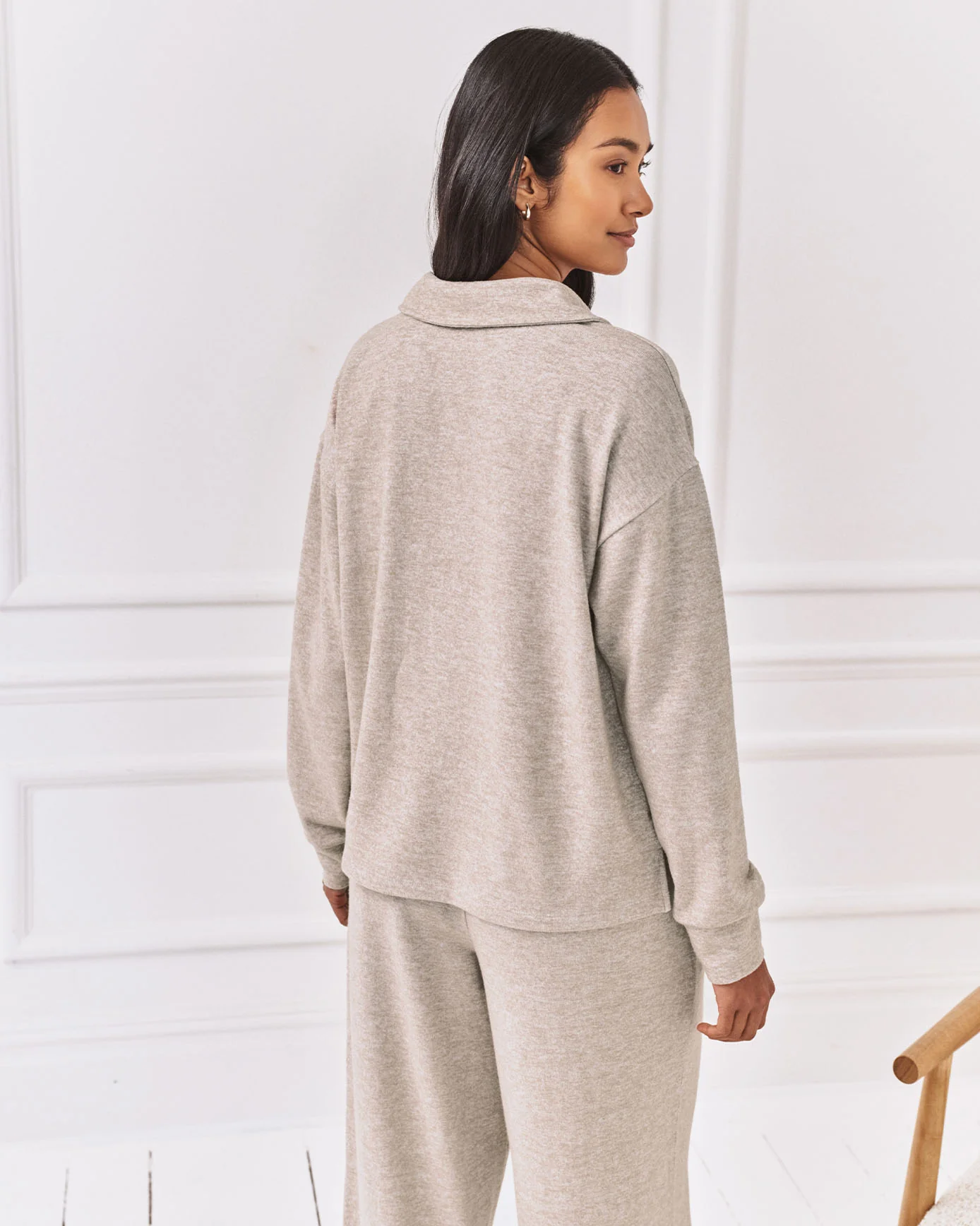 Slub-Knit Marl V-Neck Sweatshirt - Beige - Image 4