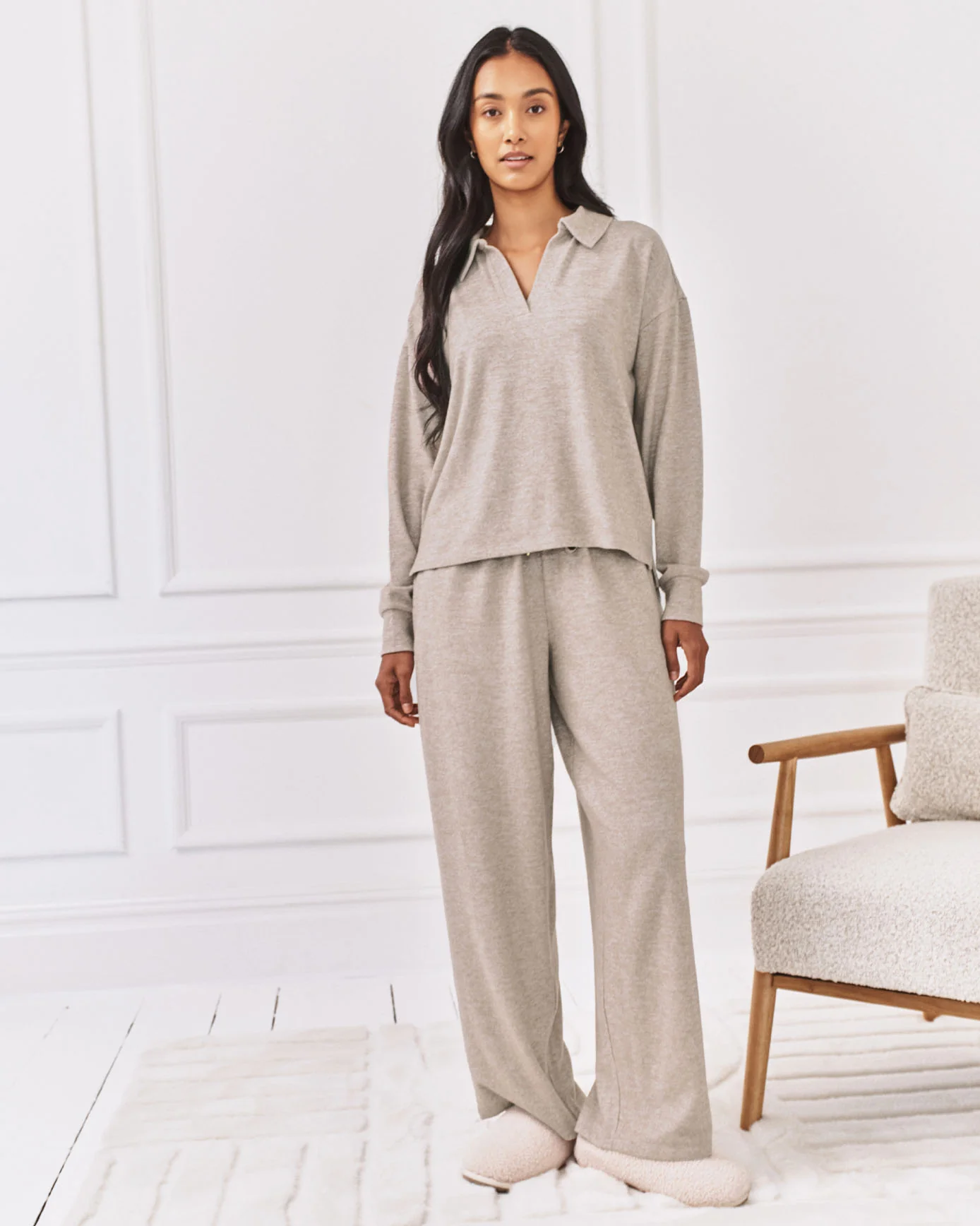 Slub-Knit Marl V-Neck Sweatshirt - Beige - Image 5