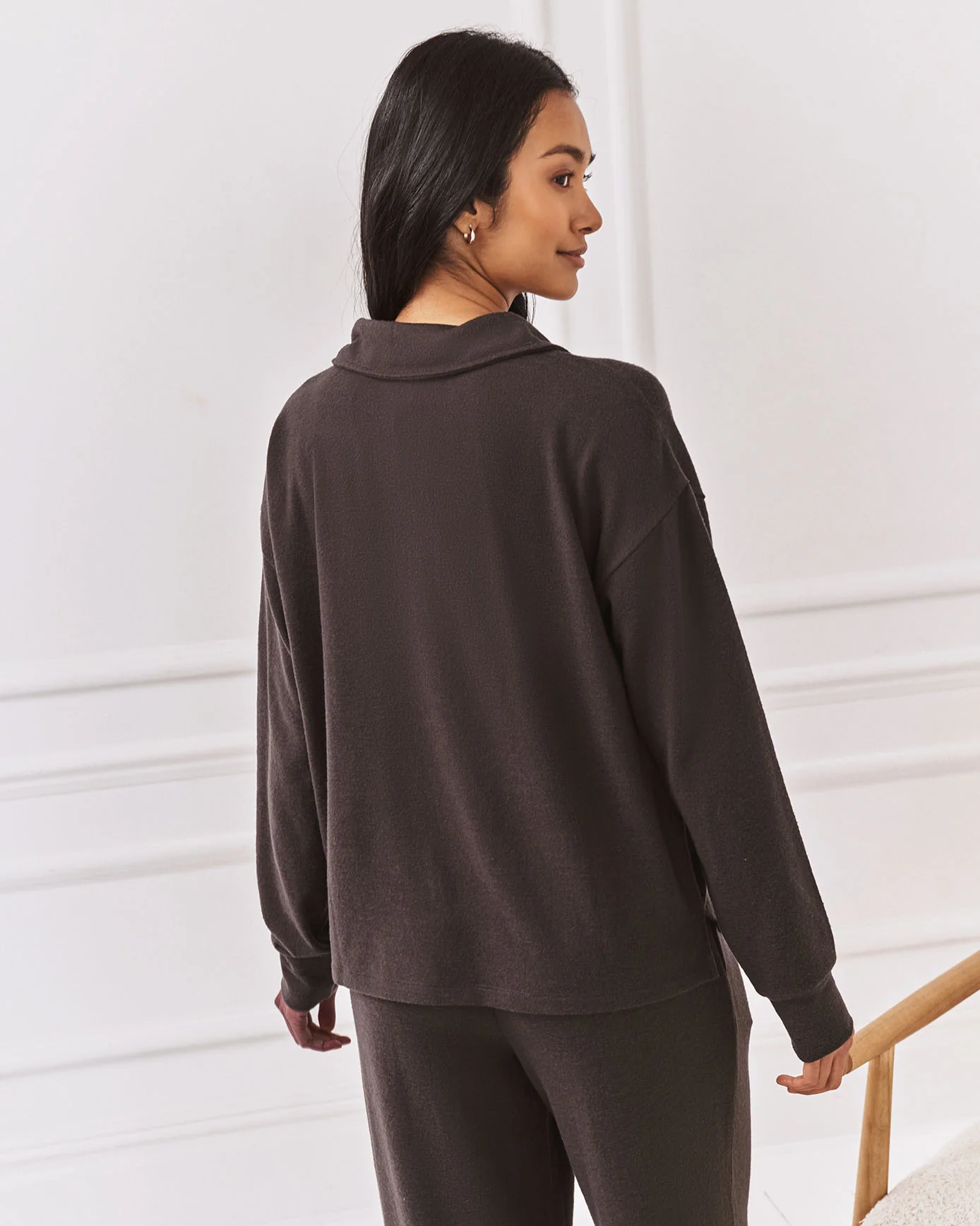 Slub-Knit Marl V-Neck Sweatshirt - Brown - Image 4