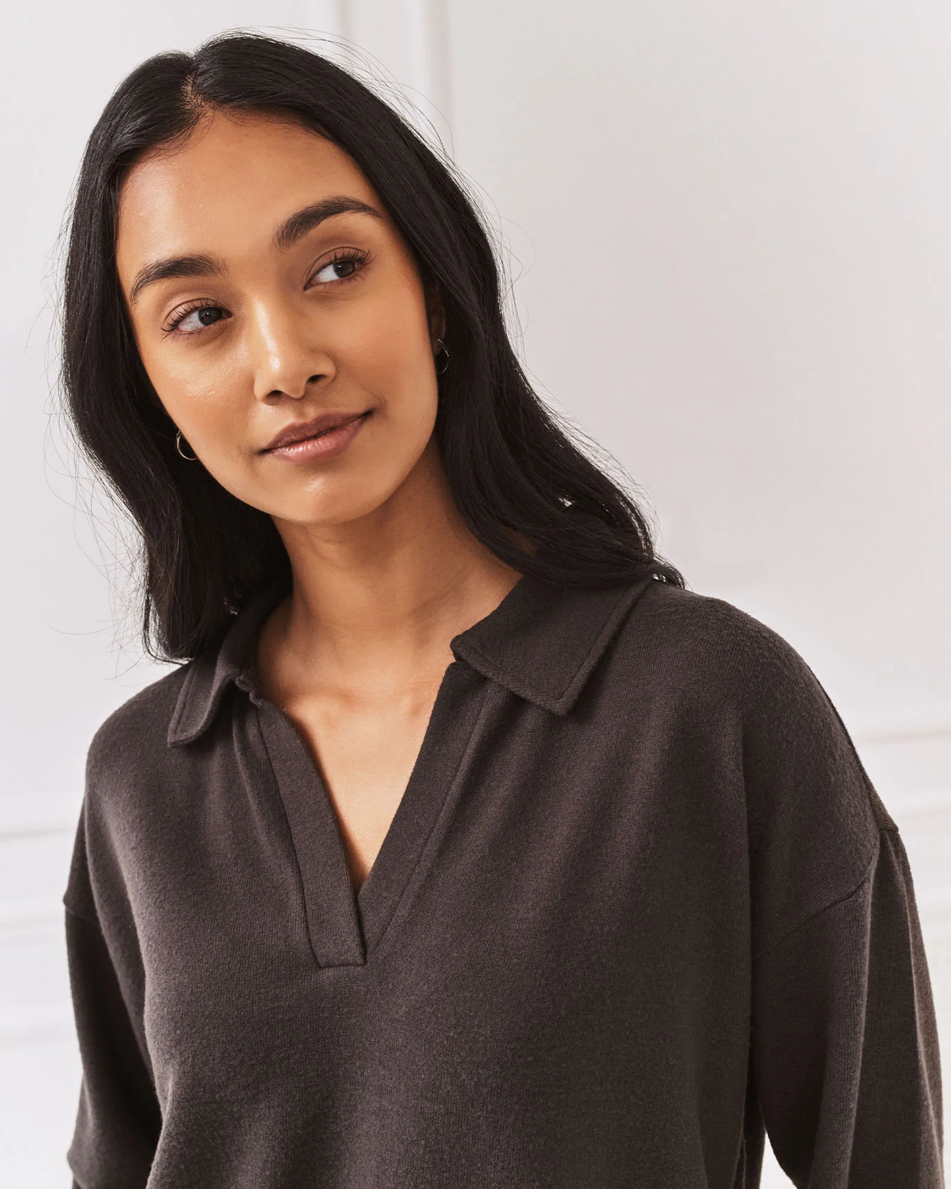 Slub-Knit Marl V-Neck Sweatshirt - Brown - Image 5