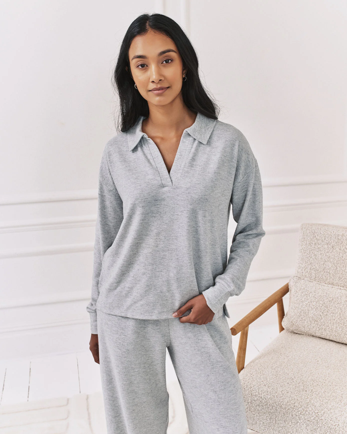 Slub-Knit Marl V-Neck Sweatshirt - Grey