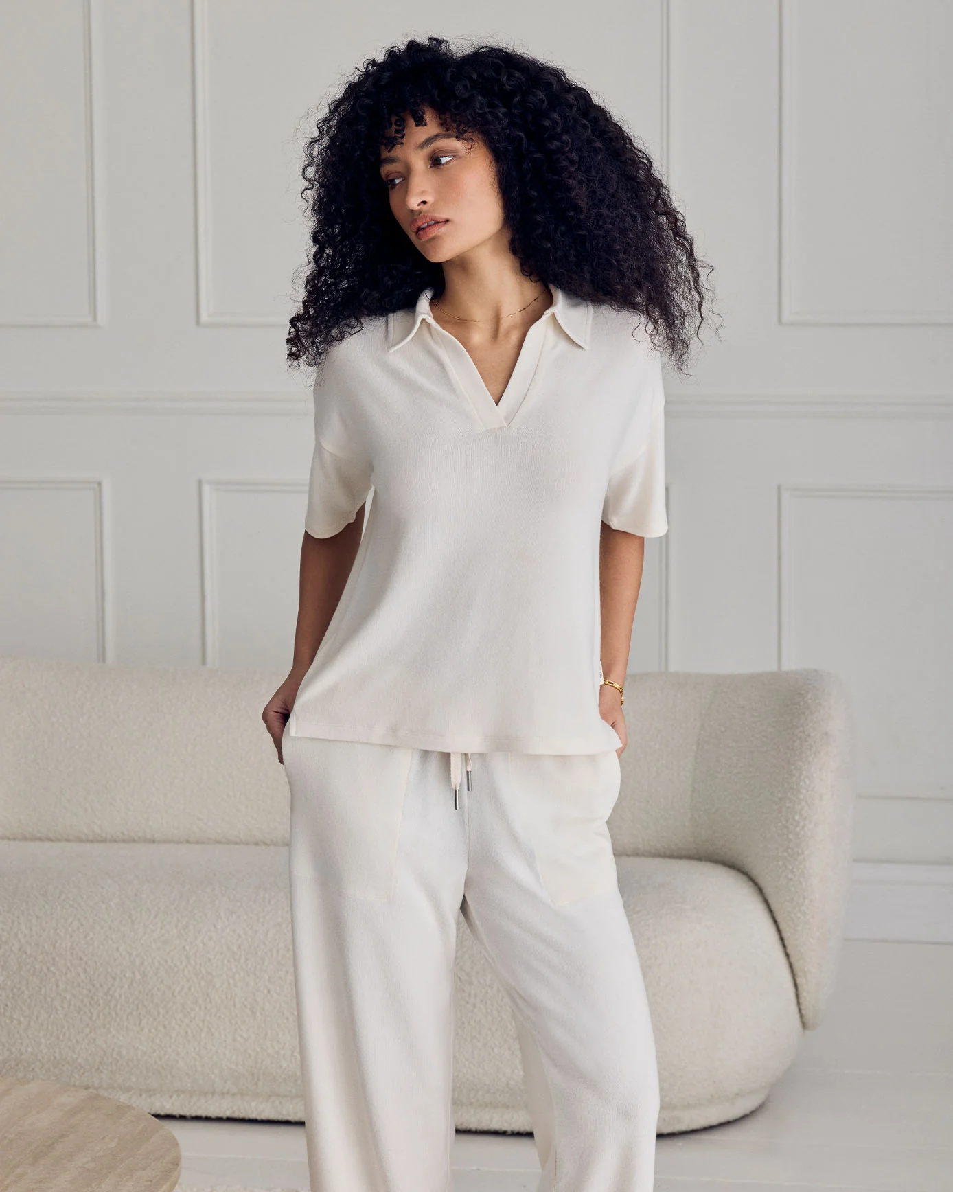 Slub-Knit V-Neck Short Sleeve Sweatshirt - Cream
