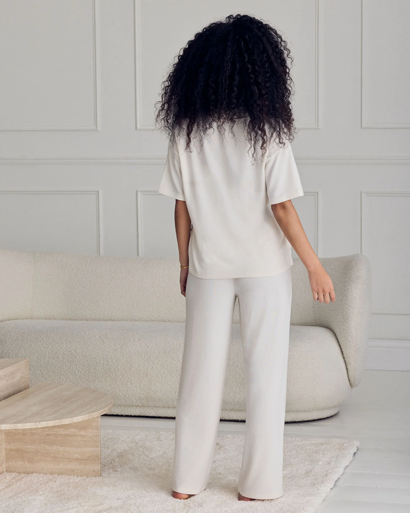 Slub-Knit V-Neck Short Sleeve Sweatshirt - Cream - Image 4