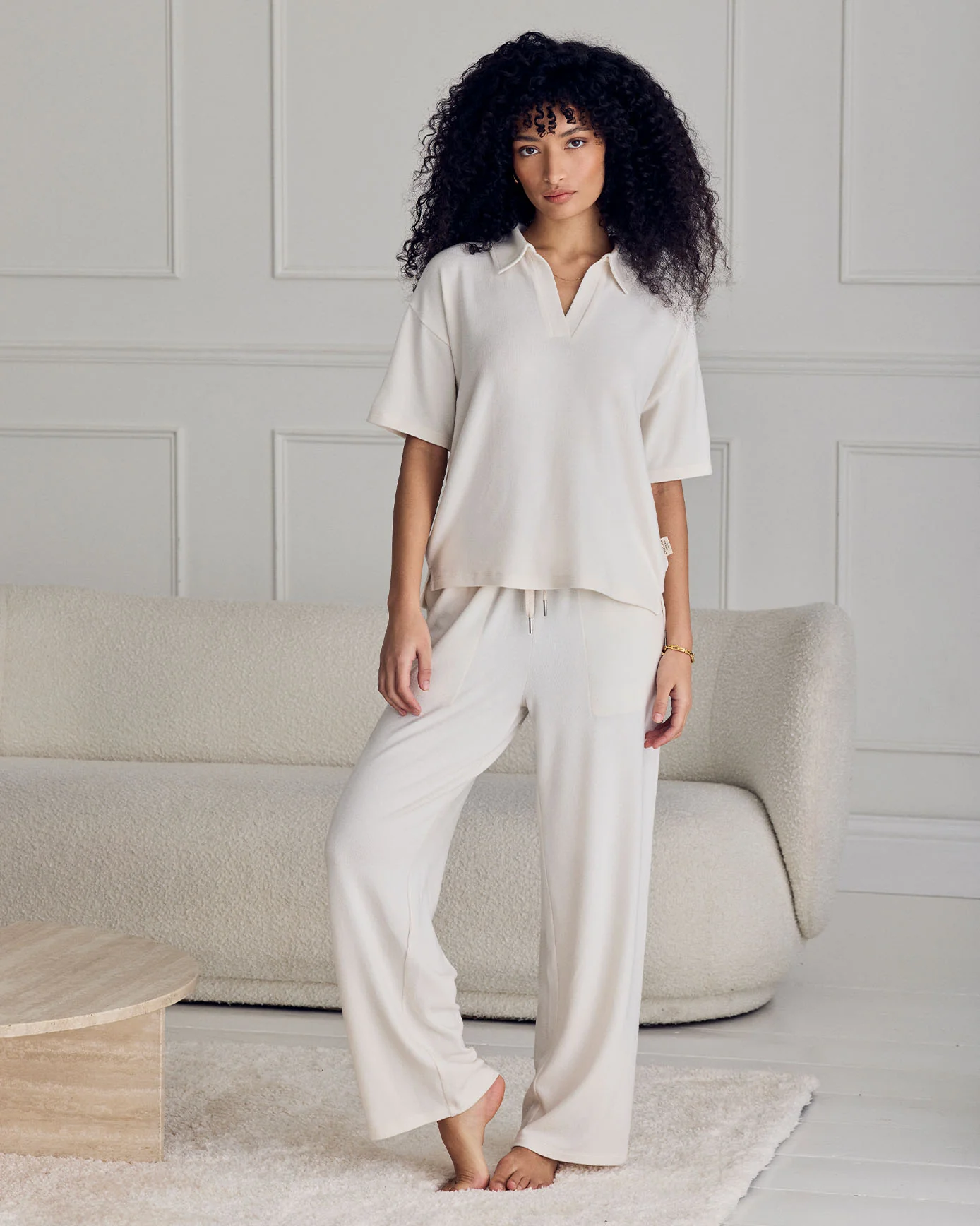 Slub-Knit V-Neck Short Sleeve Sweatshirt - Cream - Image 5