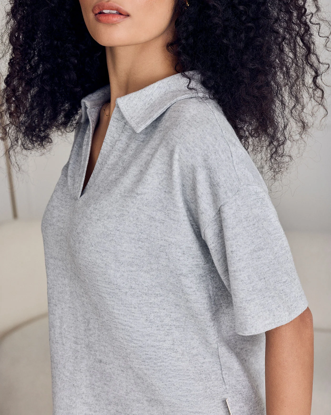 Slub-Knit V-Neck Short Sleeve Sweatshirt - Grey - Image 3