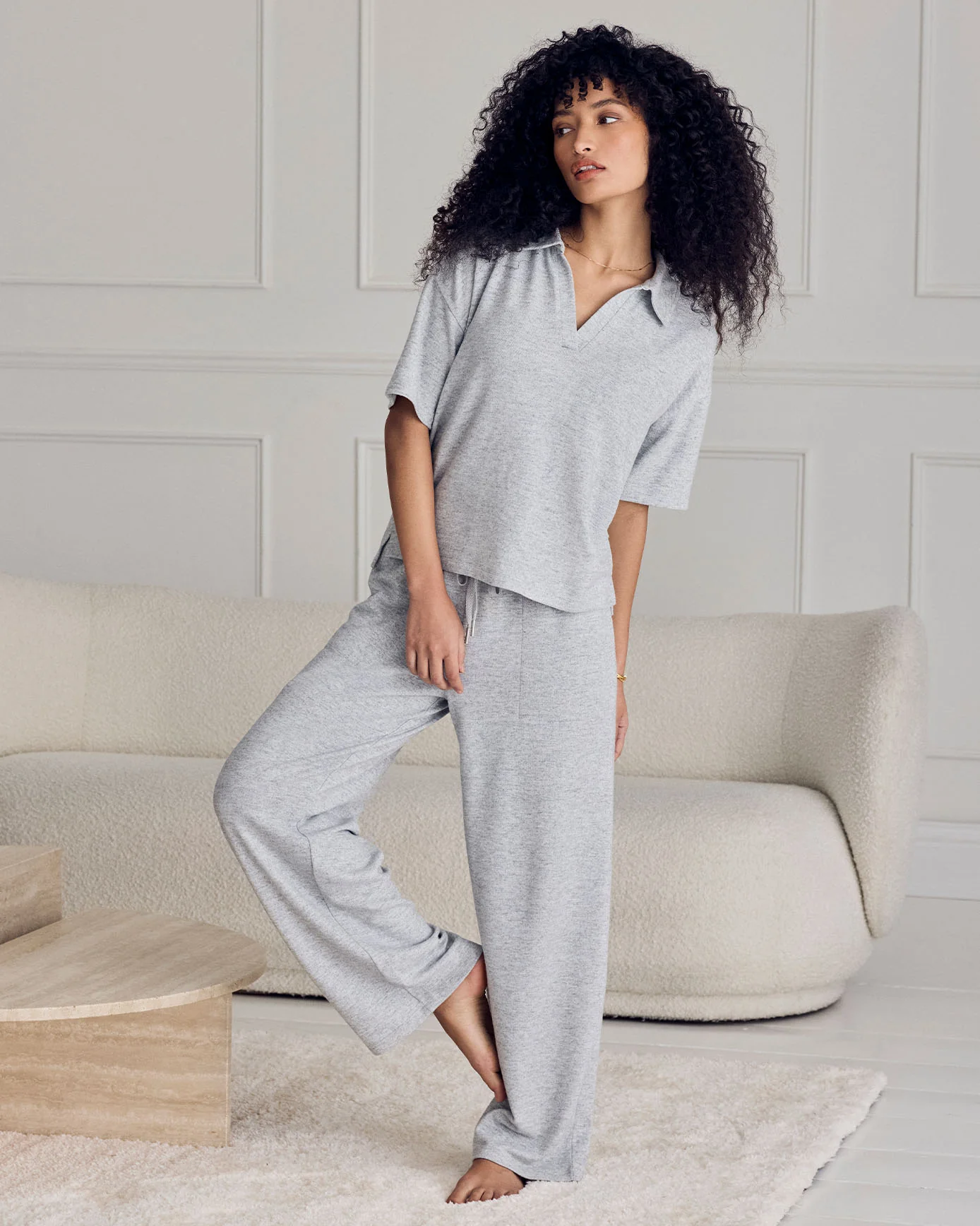 Slub-Knit V-Neck Short Sleeve Sweatshirt - Grey - Image 4