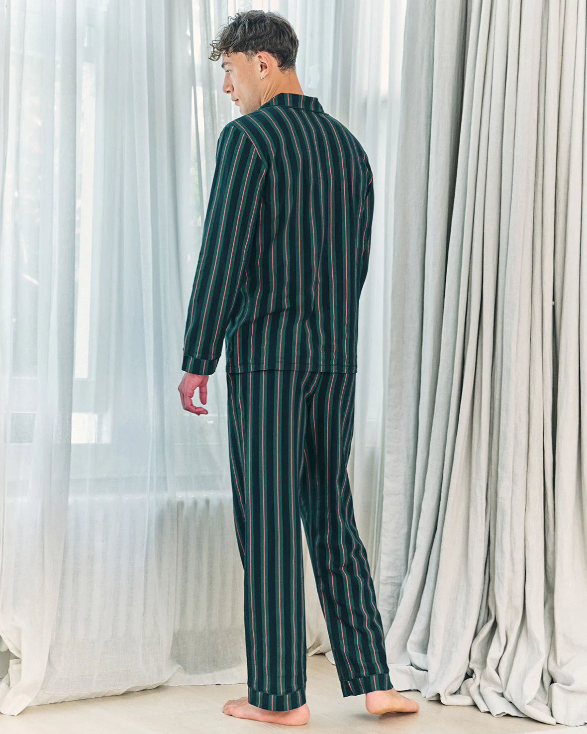 Organic Cotton Stripe Button Up Long Pyjama Set - Navy - Image 6