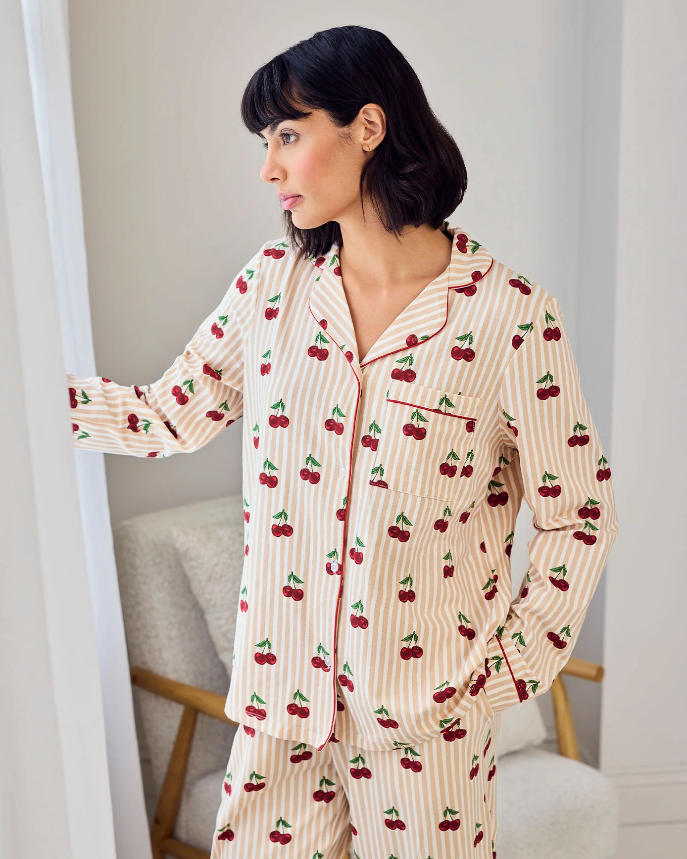 Tall Organic Cotton Cherry Stripe Print Long Pyjama Set - Image 3