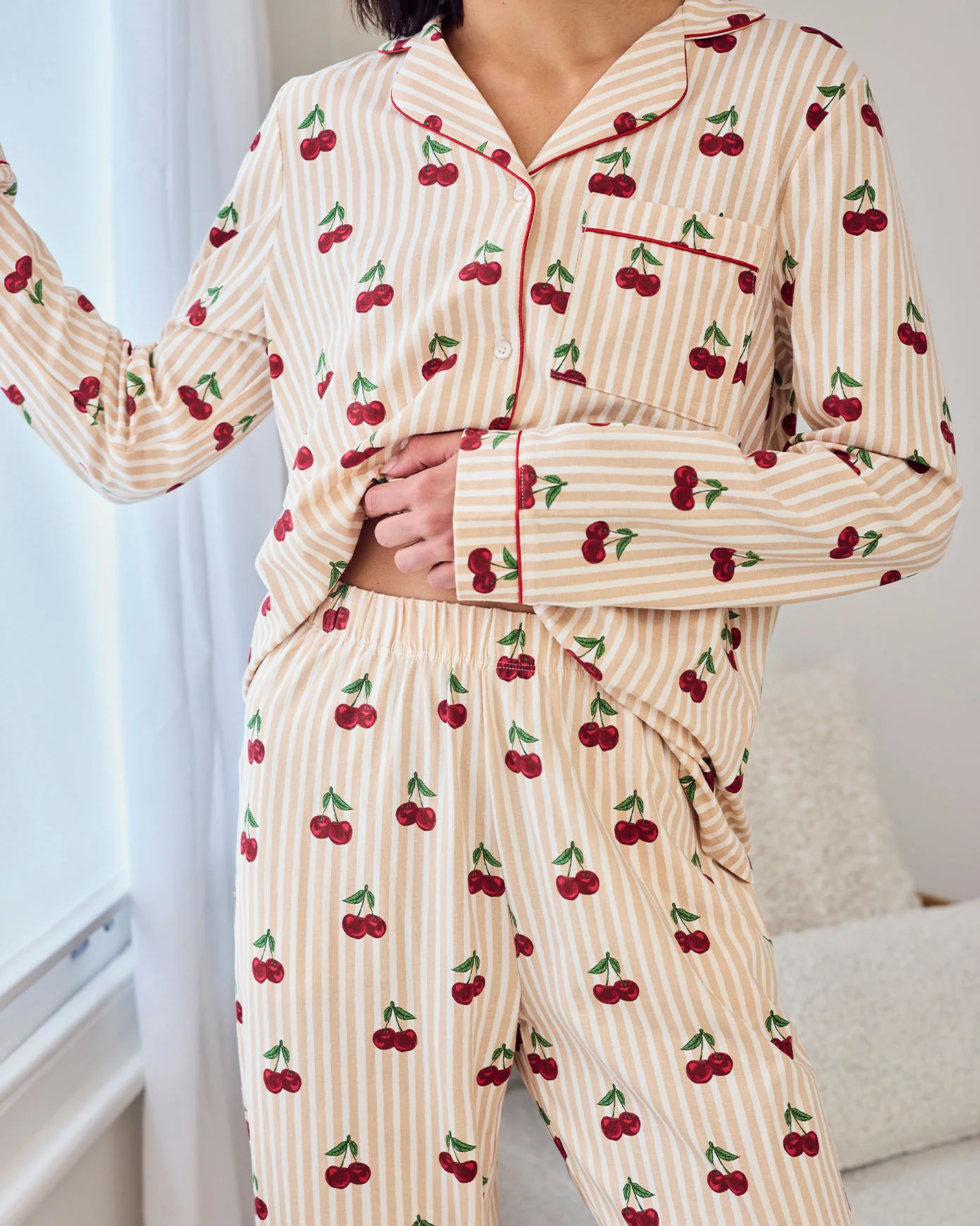 Tall Organic Cotton Cherry Stripe Print Long Pyjama Set - Image 4