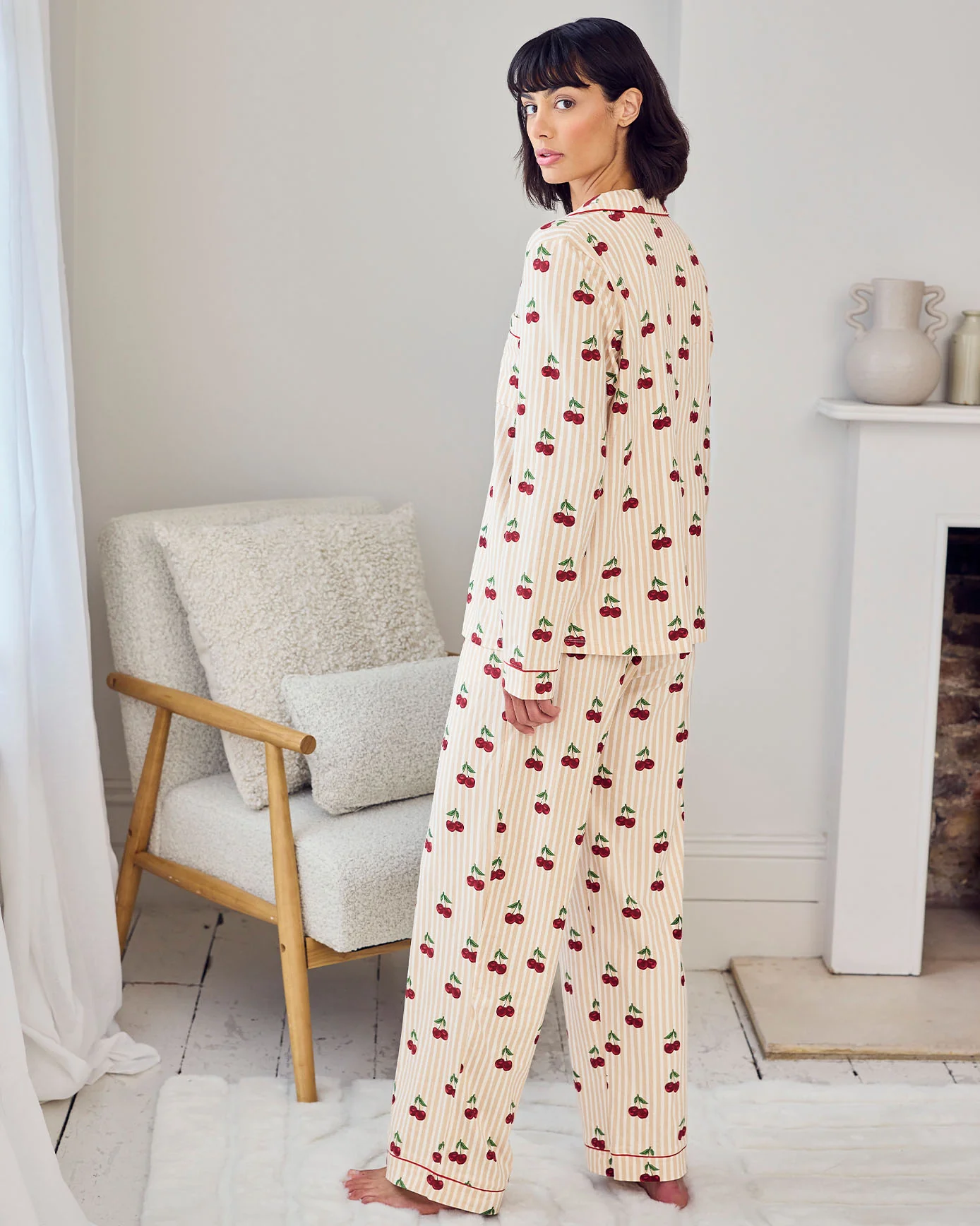 Tall Organic Cotton Cherry Stripe Print Long Pyjama Set - Image 5