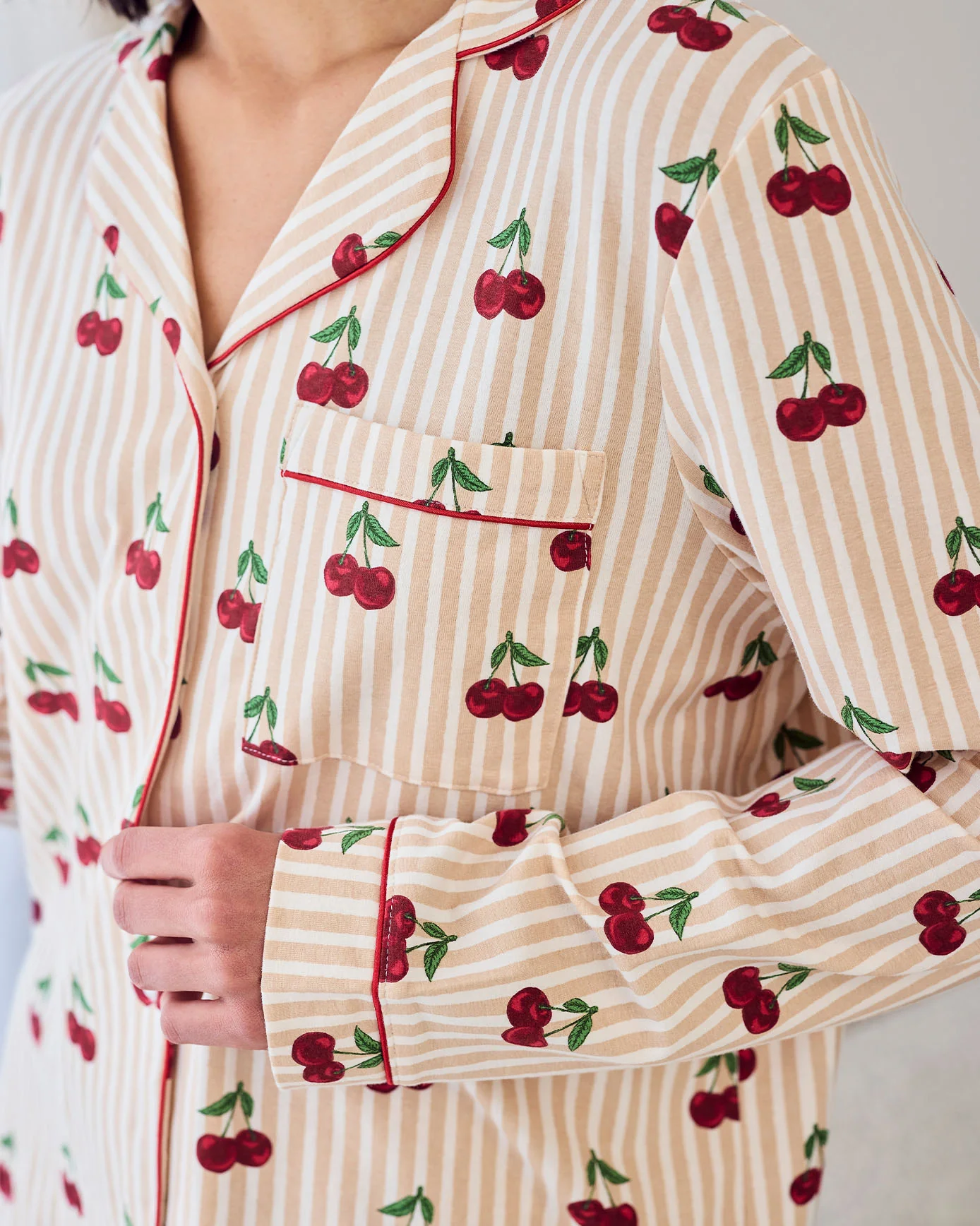 Tall Organic Cotton Cherry Stripe Print Long Pyjama Set - Image 6