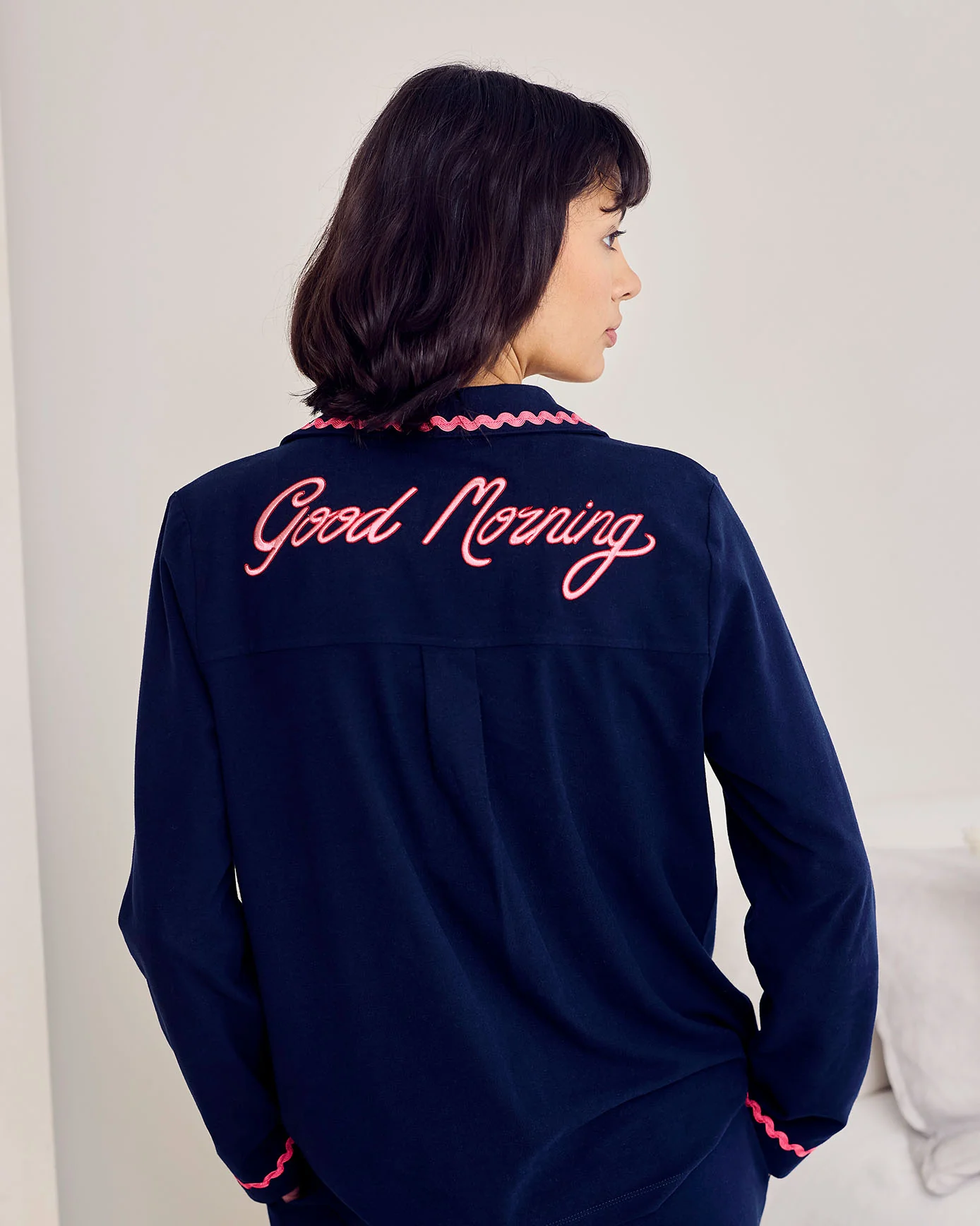 Tall Organic Cotton Embroidered Back Good Morning Long Pyjama Set - Navy - Image 5