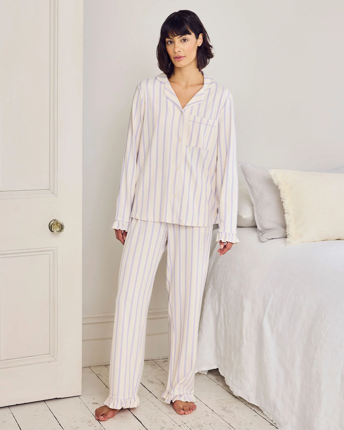 Tall Organic Cotton Lilac Stripe Frill Long Pyjama Set - Image 2