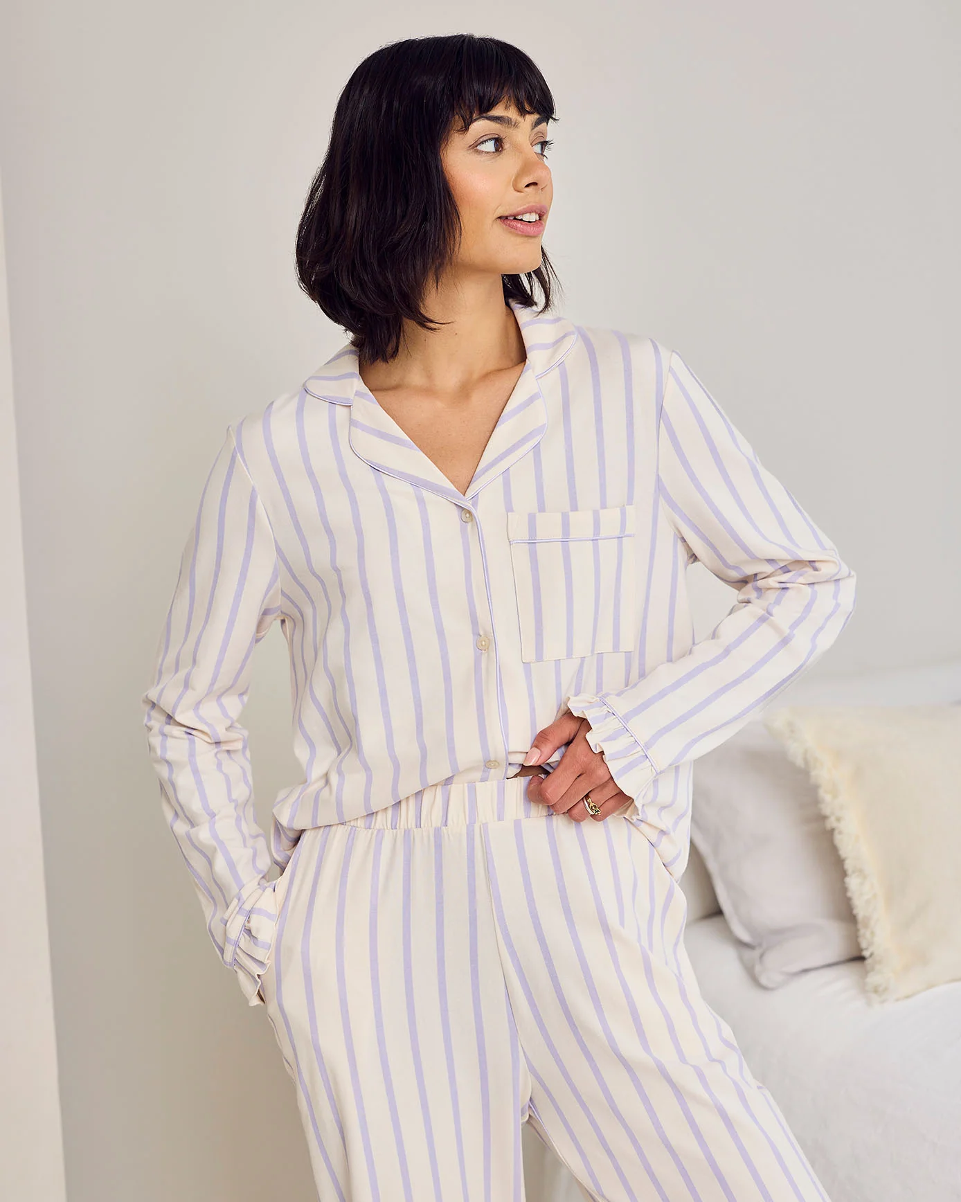 Tall Organic Cotton Lilac Stripe Frill Long Pyjama Set - Image 4