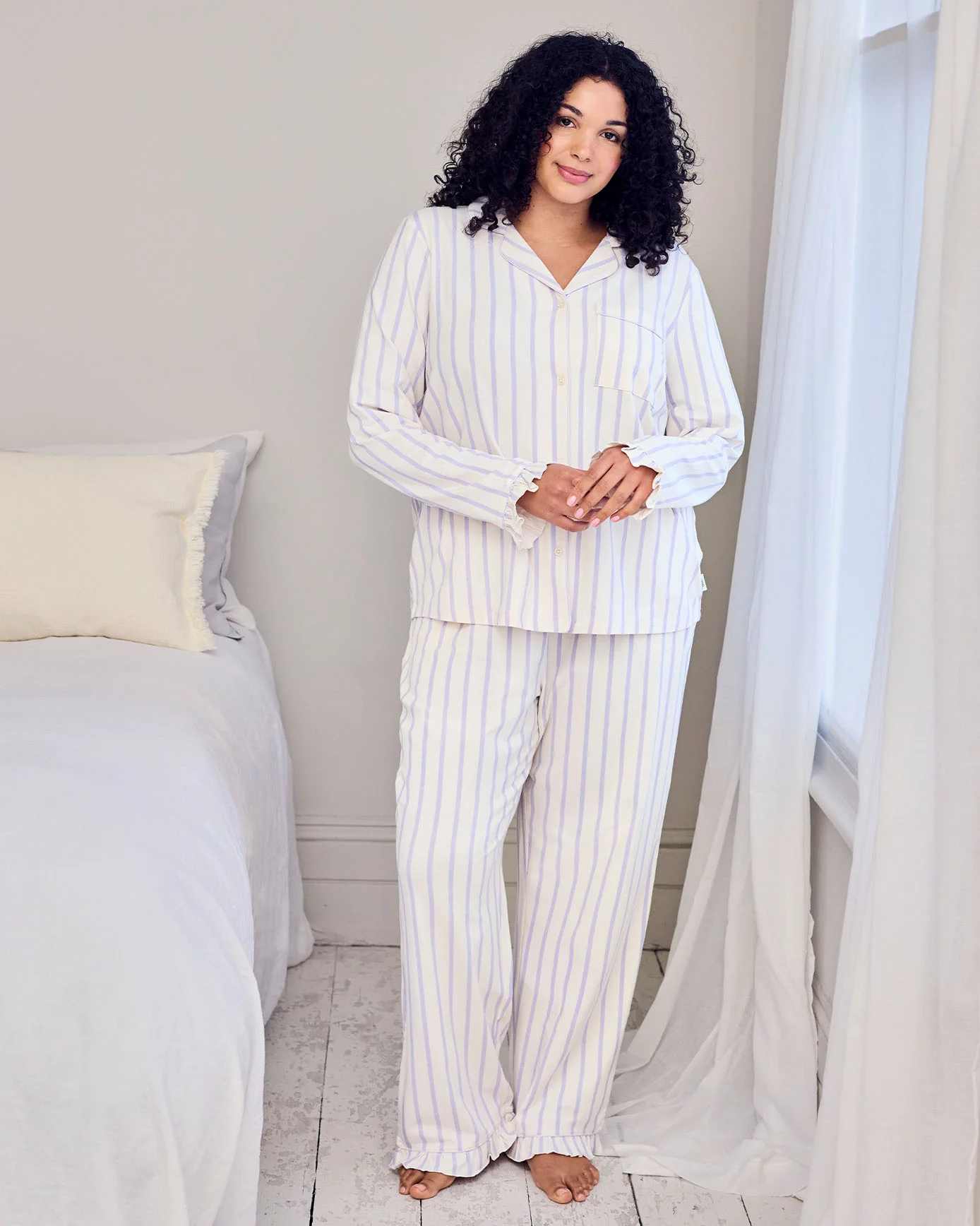 Tall Organic Cotton Lilac Stripe Frill Long Pyjama Set - Image 7