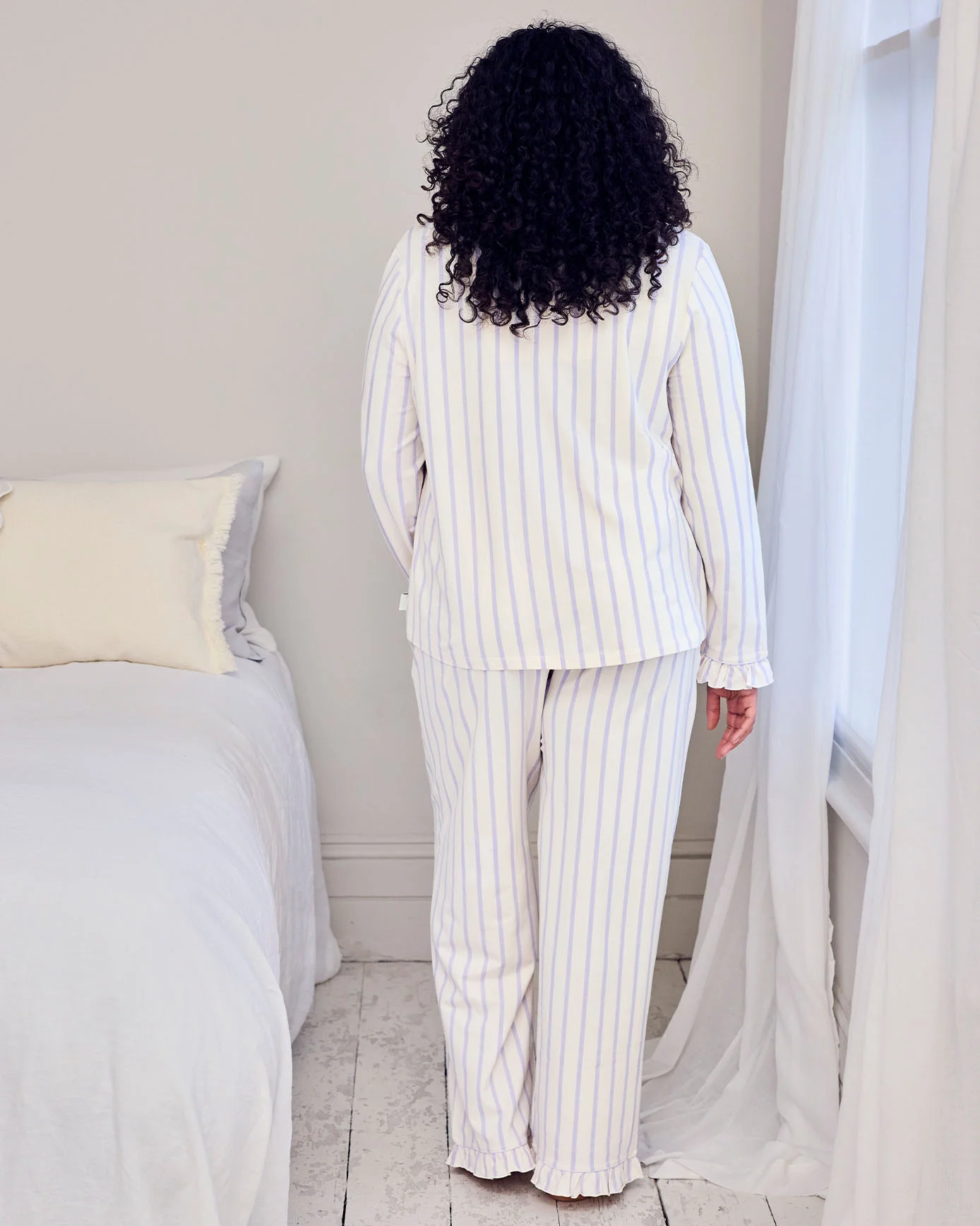 Tall Organic Cotton Lilac Stripe Frill Long Pyjama Set - Image 8