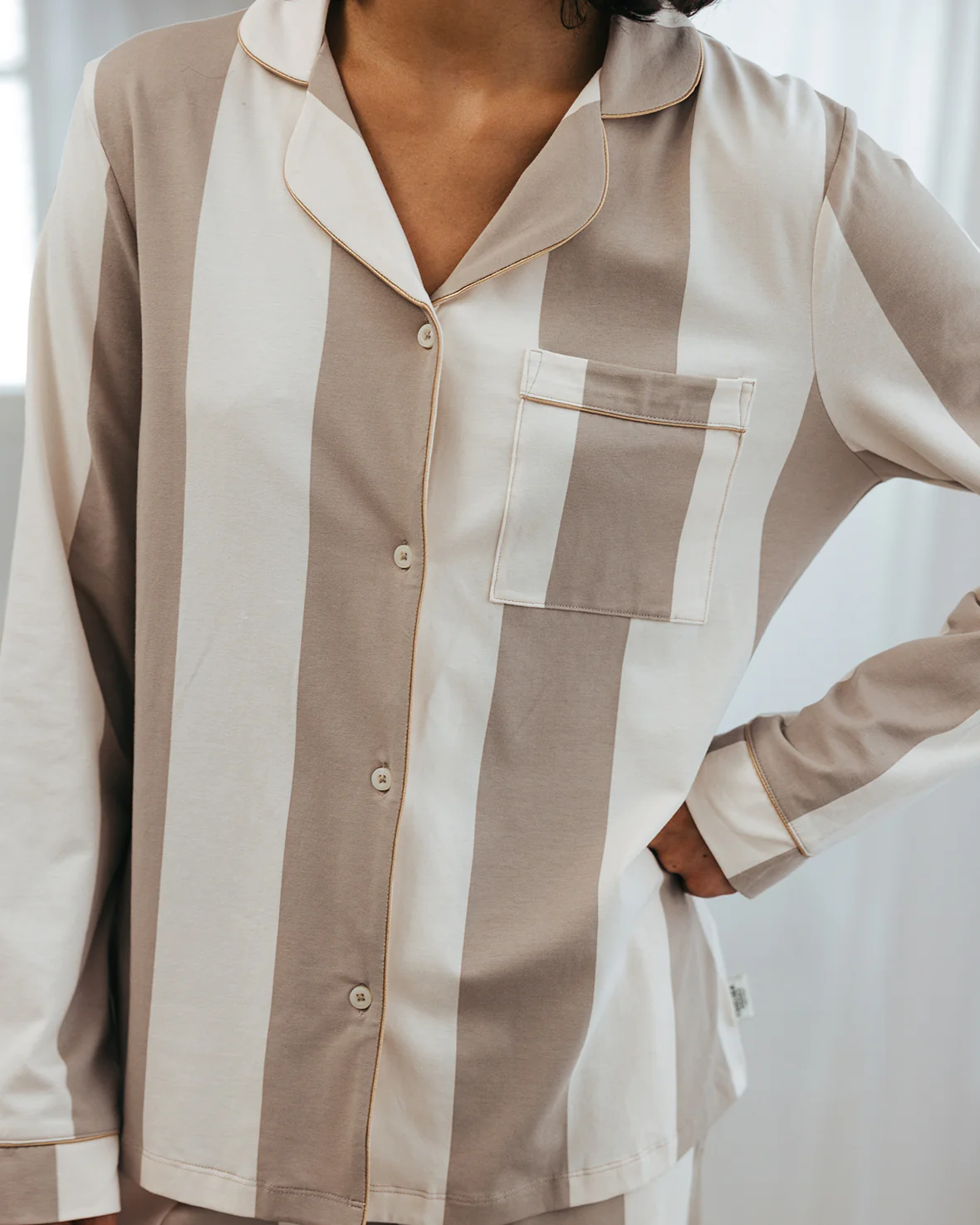 Organic Cotton Stripe Long Pyjama Set - Taupe - Image 3