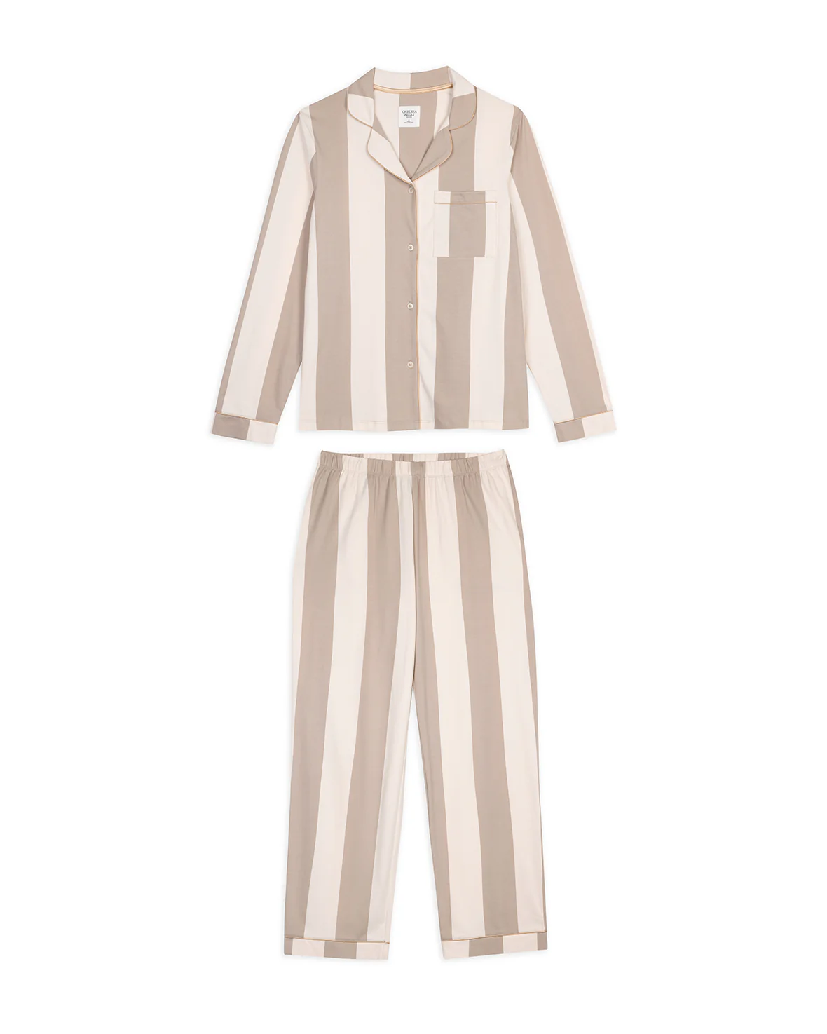 Organic Cotton Stripe Long Pyjama Set - Taupe - Image 6