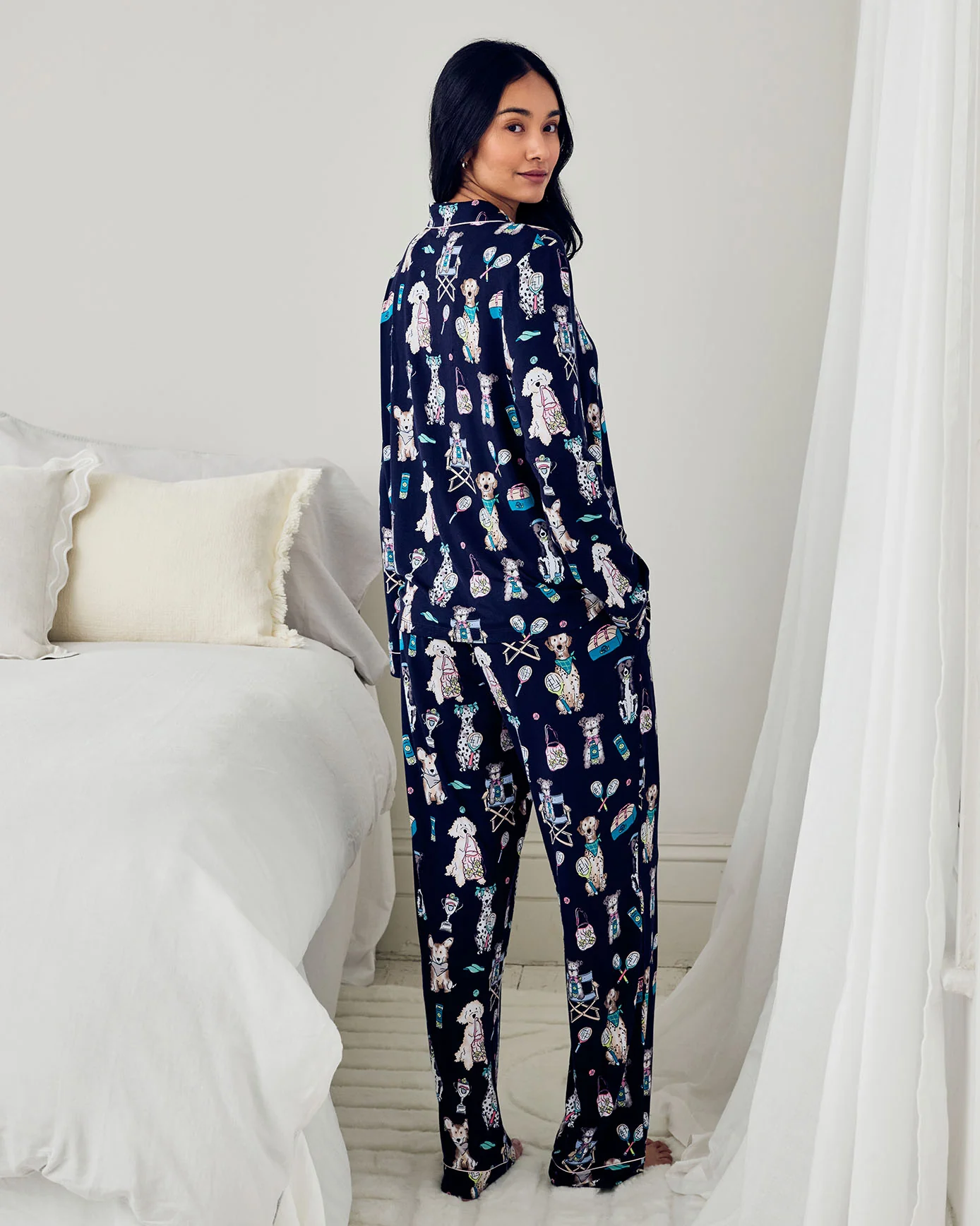 Tall TENCEL™ Modal Tennis Dogs Print Long Pyjama Set - Navy