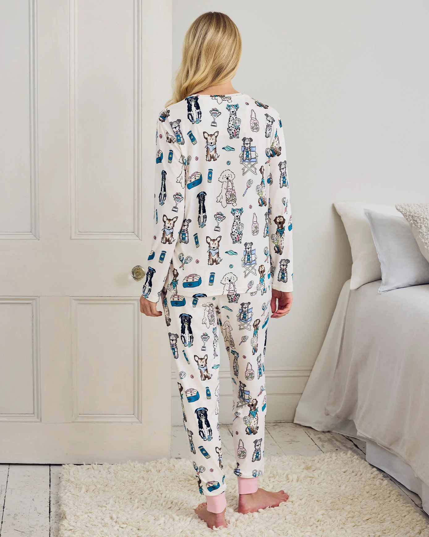 Tall Tennis Dogs Print Long Pyjama Set - Cream - Image 4