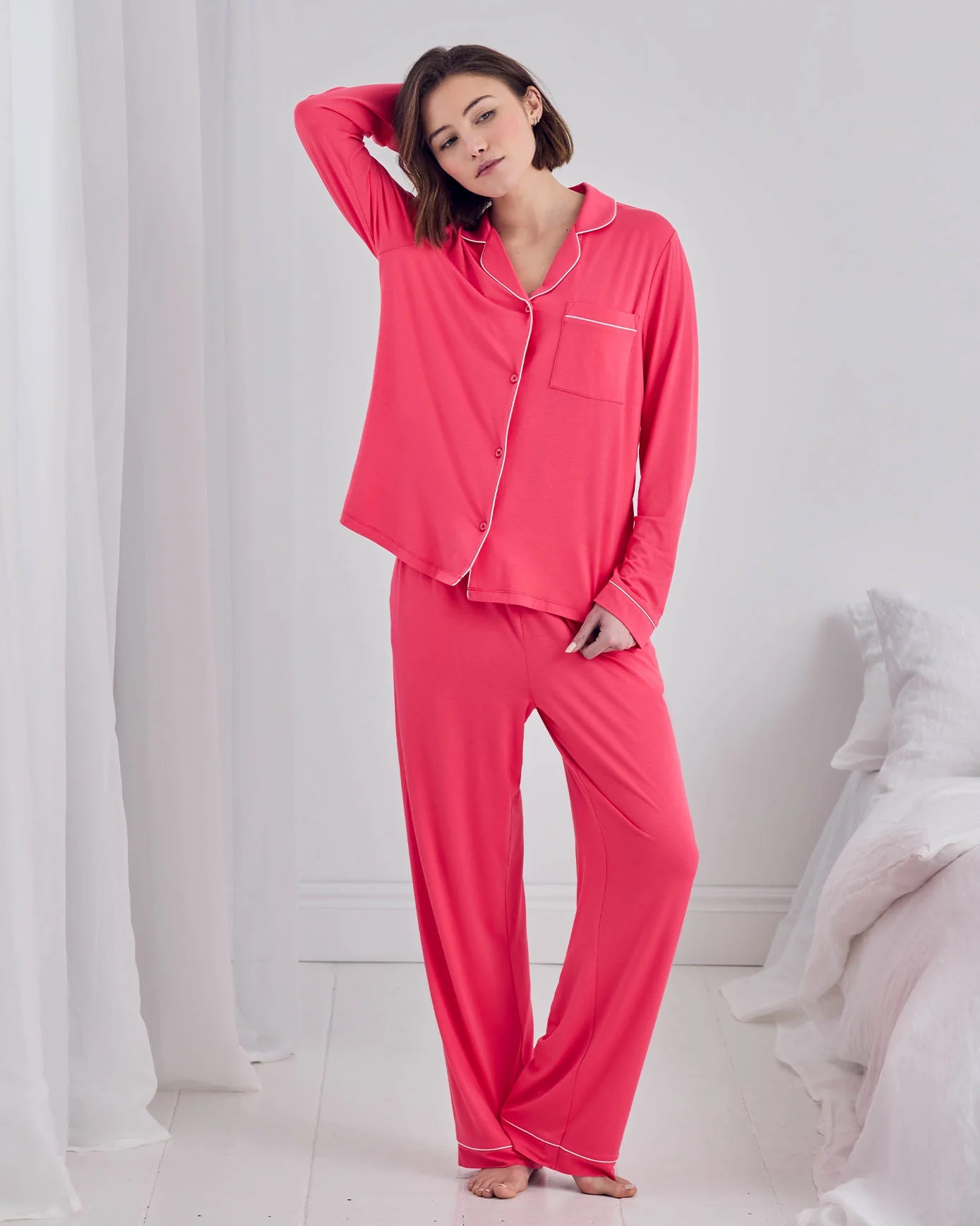 TENCEL™ Modal Long Button Up Pyjama Set - Hot Pink