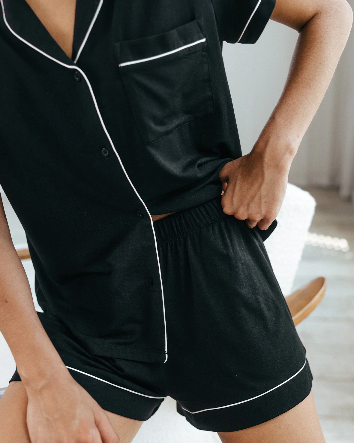 TENCEL™ Modal Short Button Up Pyjama Set - Black - Image 3