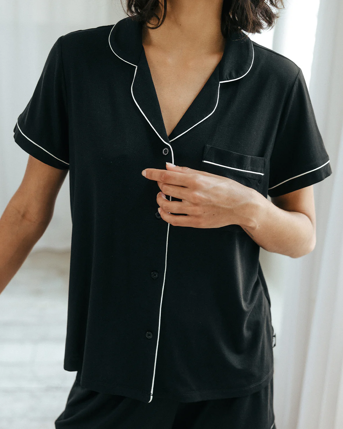 TENCEL™ Modal Short Button Up Pyjama Set - Black - Image 4