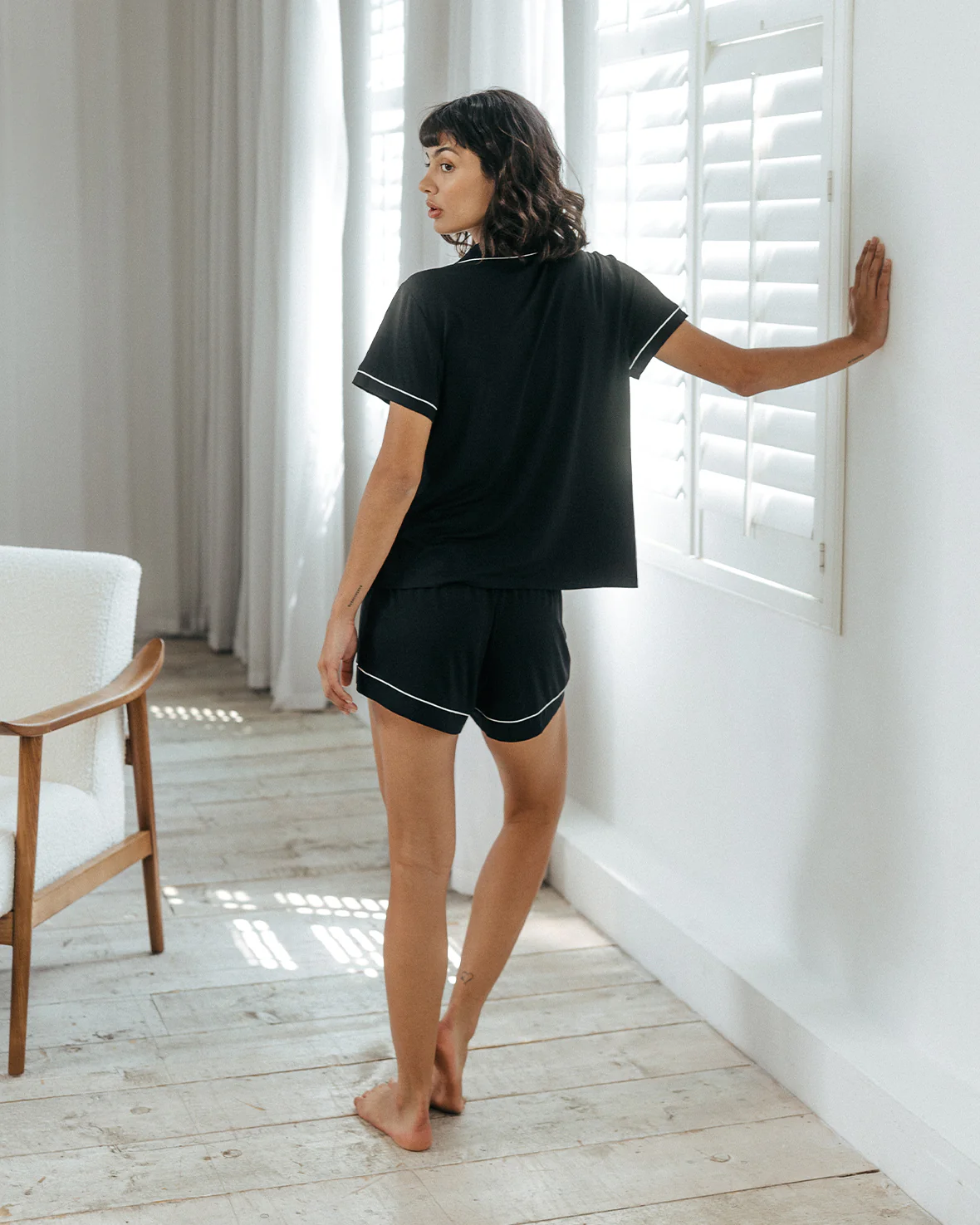 TENCEL™ Modal Short Button Up Pyjama Set - Black - Image 5