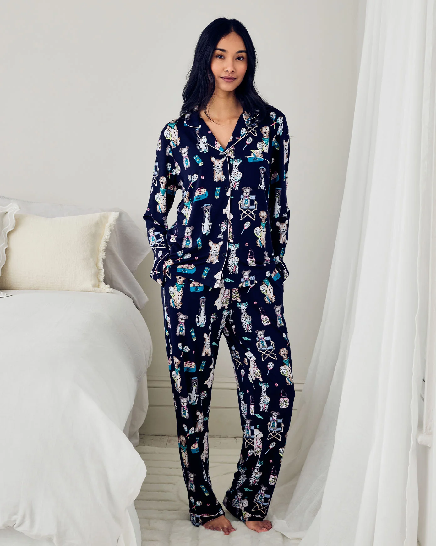 TENCEL™ Modal Tennis Dogs Print Long Pyjama Set - Navy