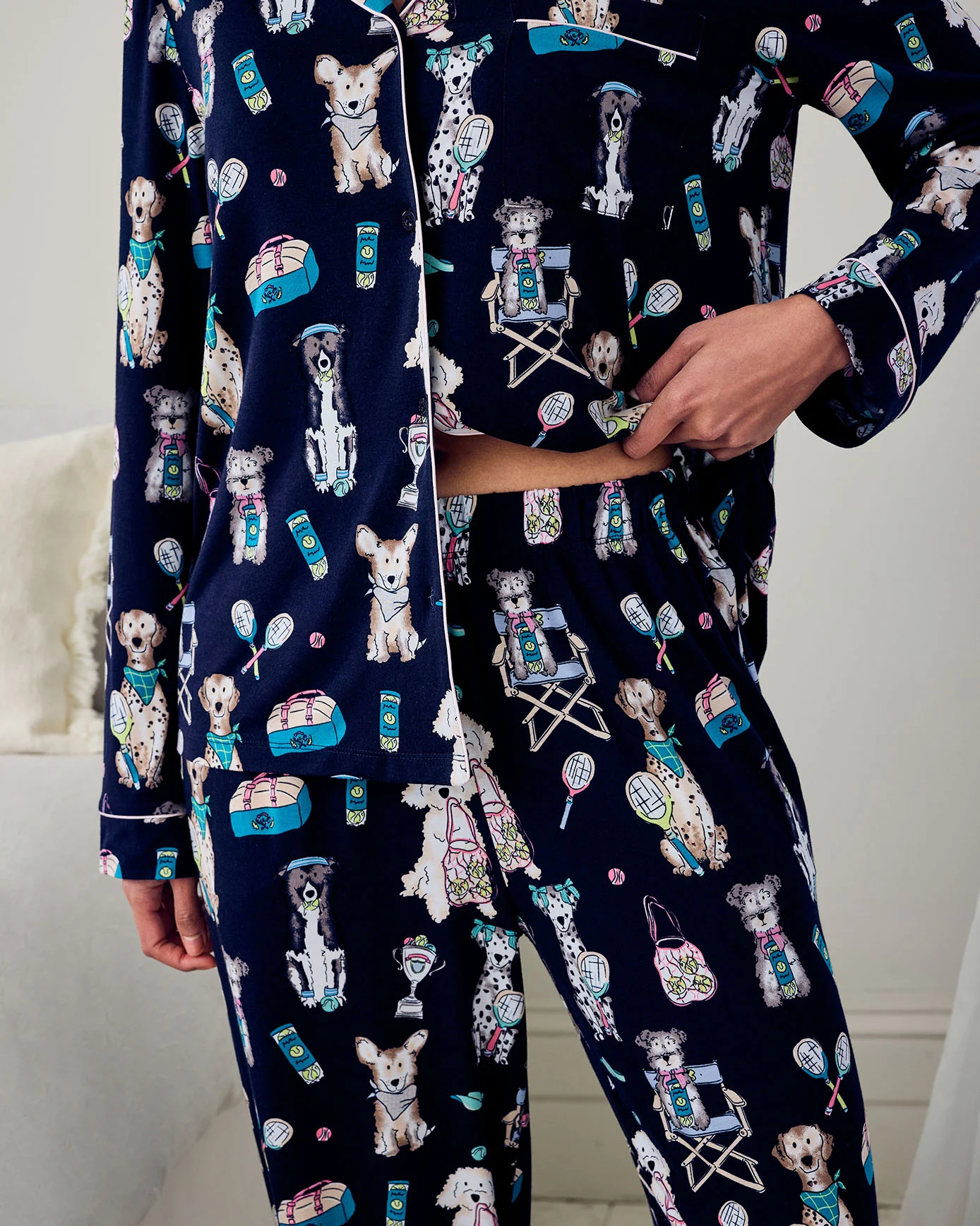TENCEL™ Modal Tennis Dogs Print Long Pyjama Set - Navy - Image 3