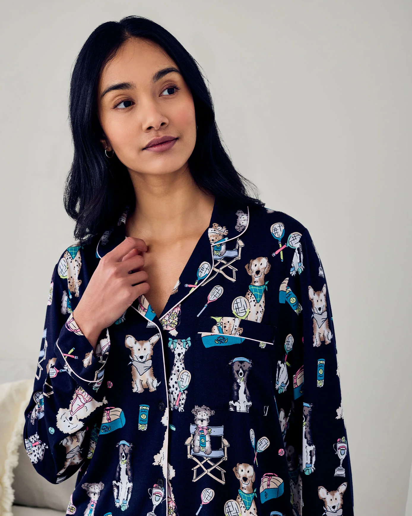 TENCEL™ Modal Tennis Dogs Print Long Pyjama Set - Navy - Image 5