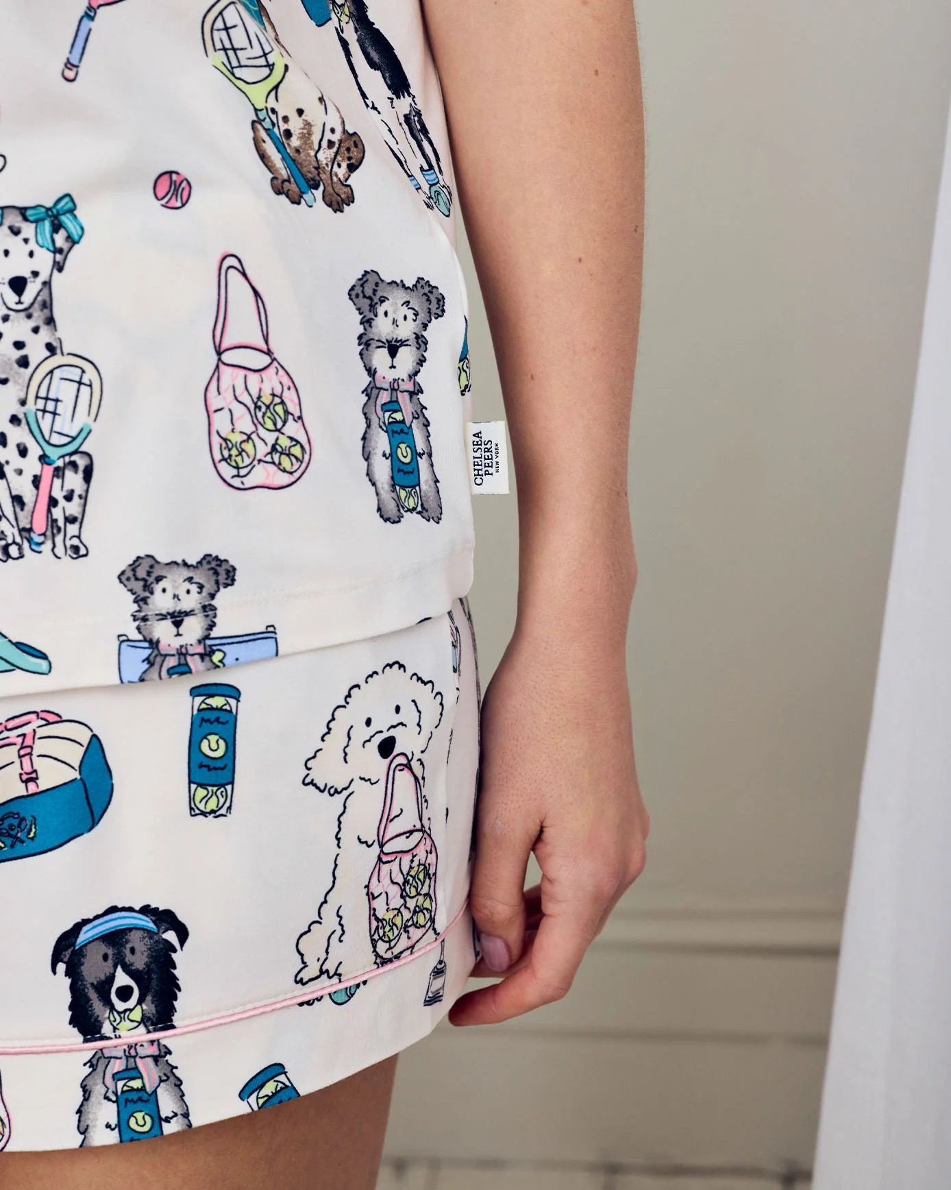Tennis Dogs Print Button Up Short Pyjama Set - Cream - Image 5